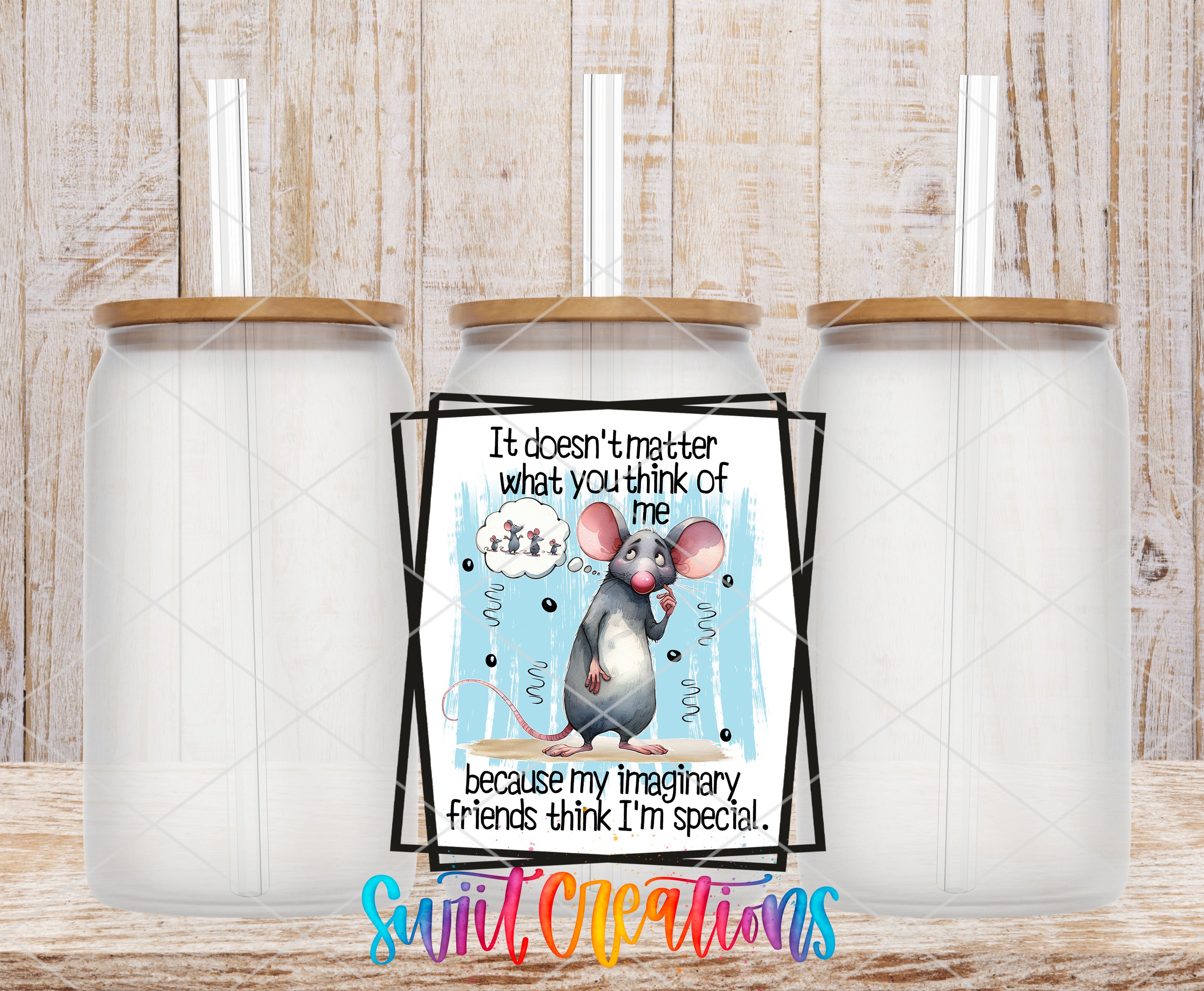 Swiit Creations UV DTF Imaginary Friends Mouse transfer shown on a clear glass can set