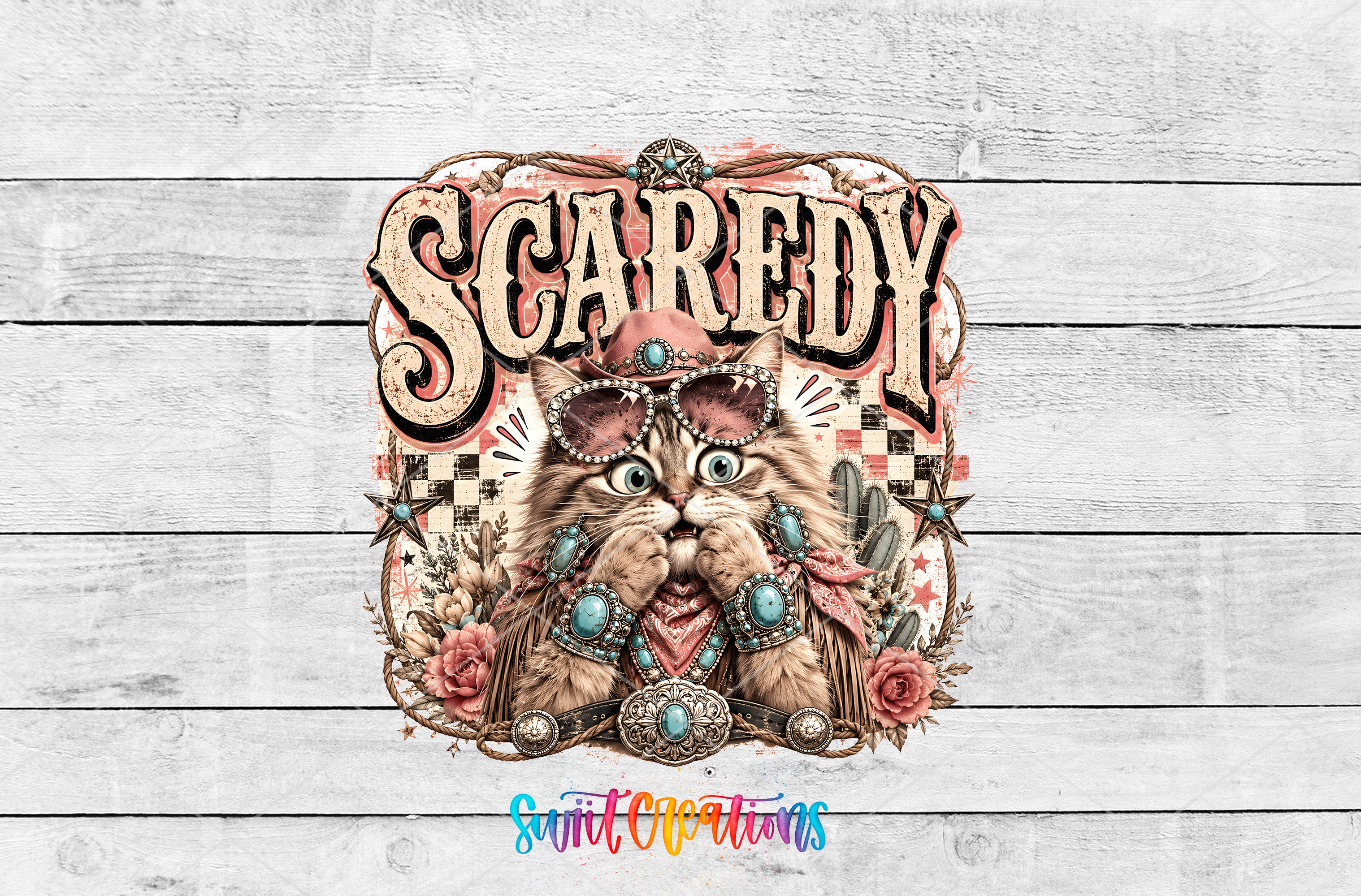 A colorful illustration of a cat wearing sunglasses and jewelry, surrounded by flowers and decorative elements, with the word "SCAREDY" prominently displayed.