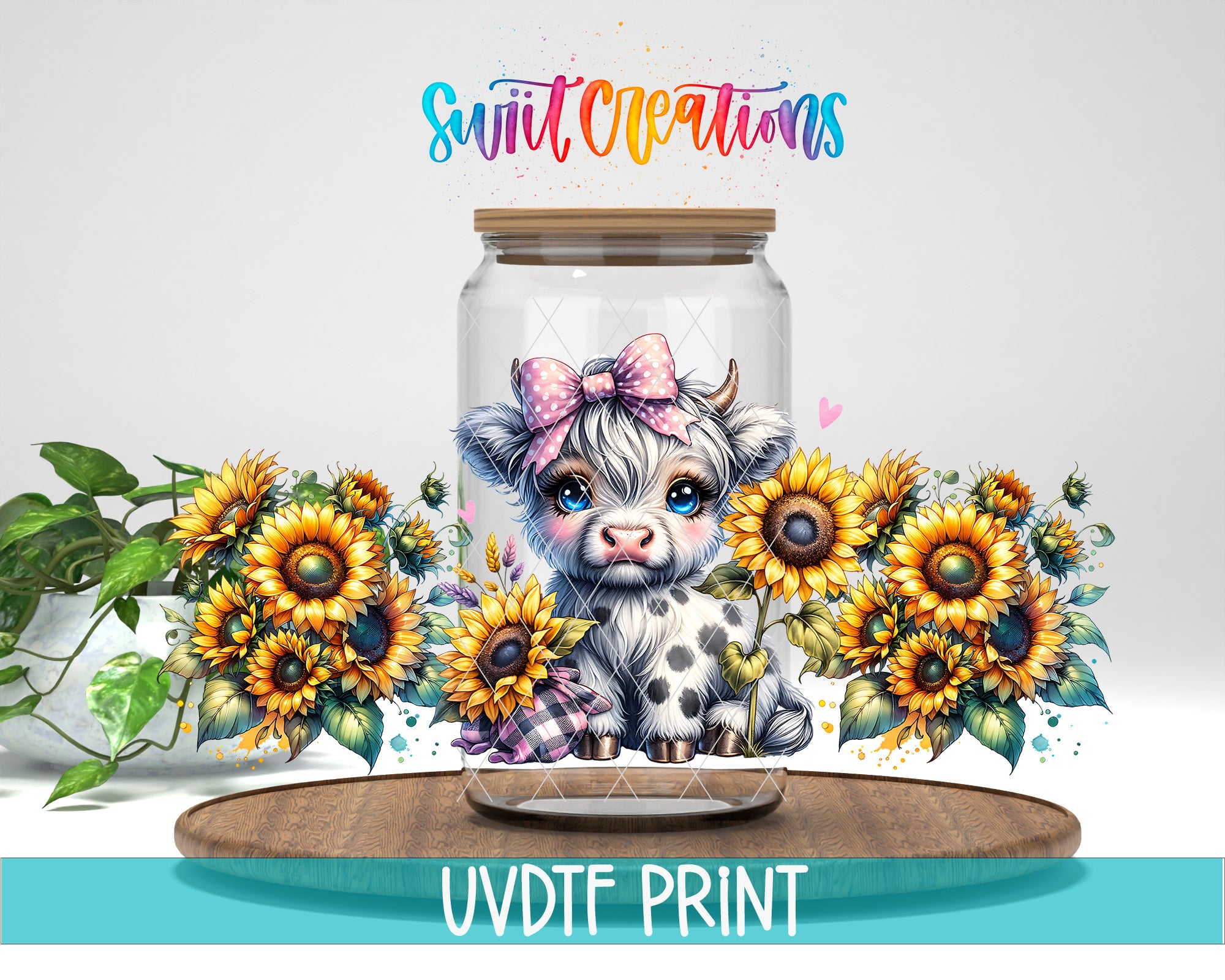 A glass jar containing a cartoon cow with a bow, surrounded by sunflowers, with the text "Swift Creations" above the jar.