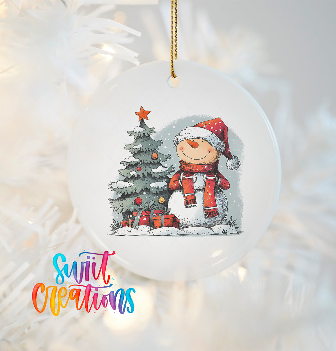 A white Christmas ornament featuring a snowman and a Christmas tree, with the text "Swift Creations" below the ornament.
