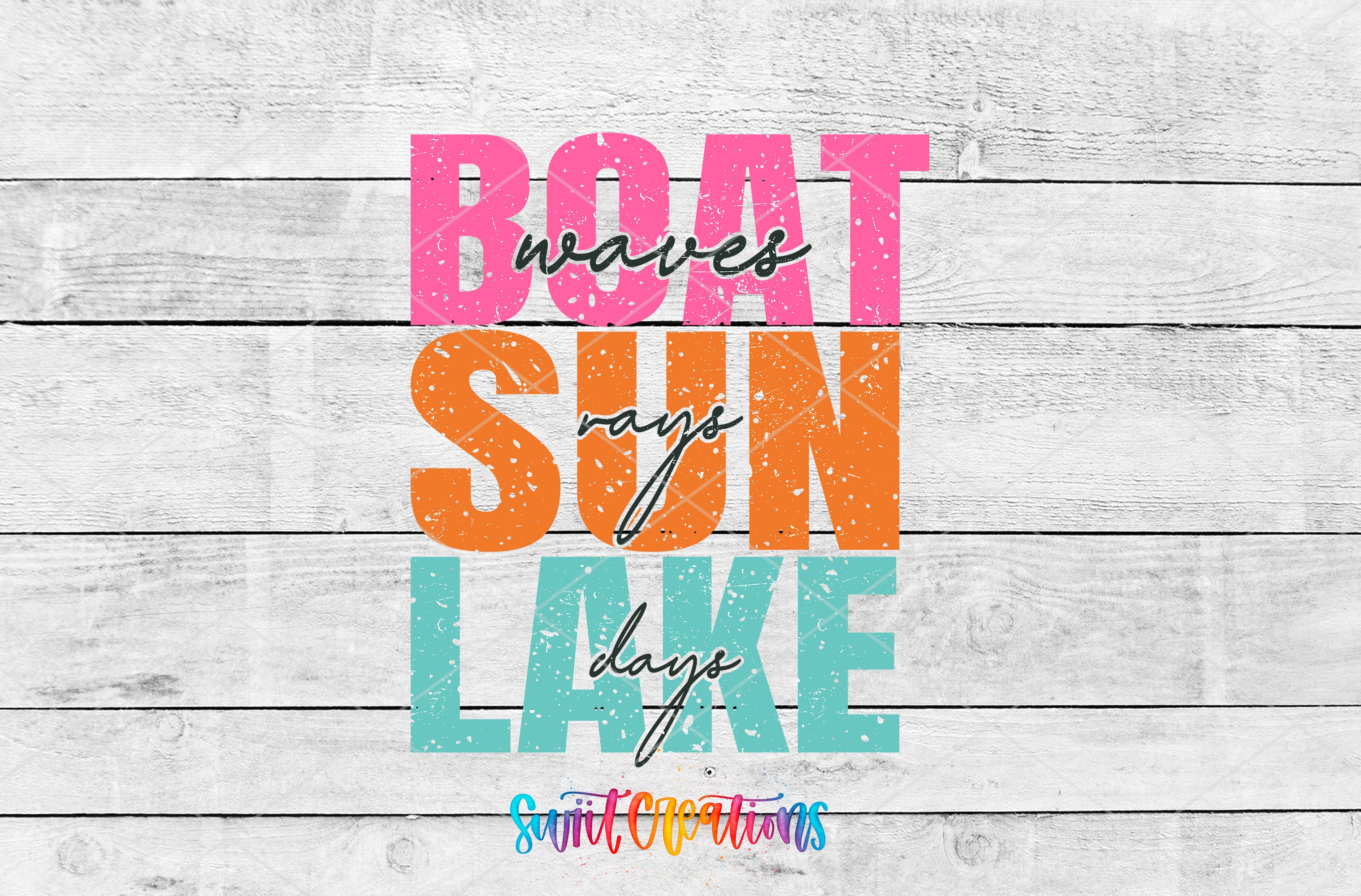 Swiit Creations UV DTF Boat Wave Sun Rays Lake Days transfer shown as the full artwork preview