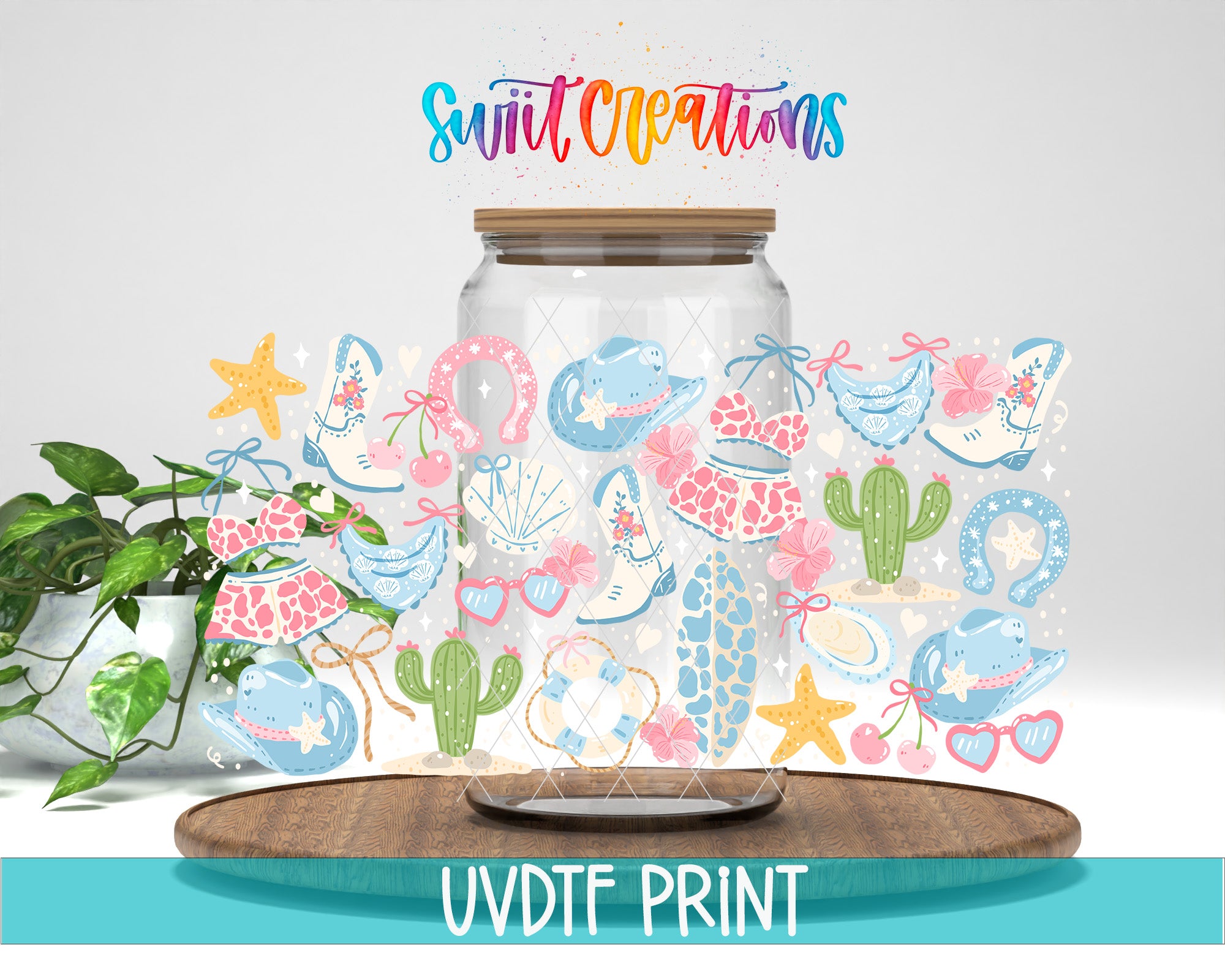 a glass jar filled with lots of stickers next to a potted plant