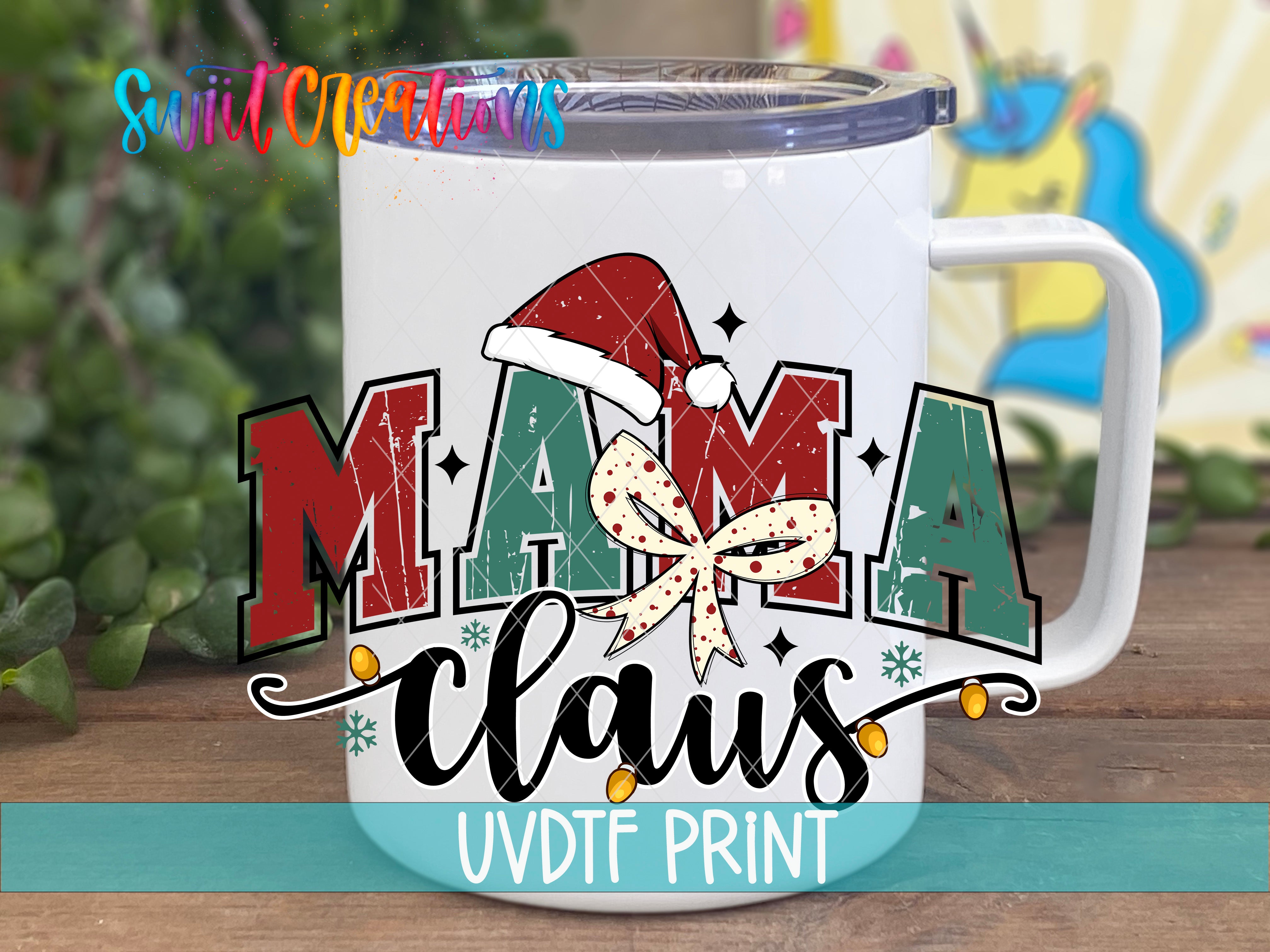 a white coffee mug with the words mama claus on it