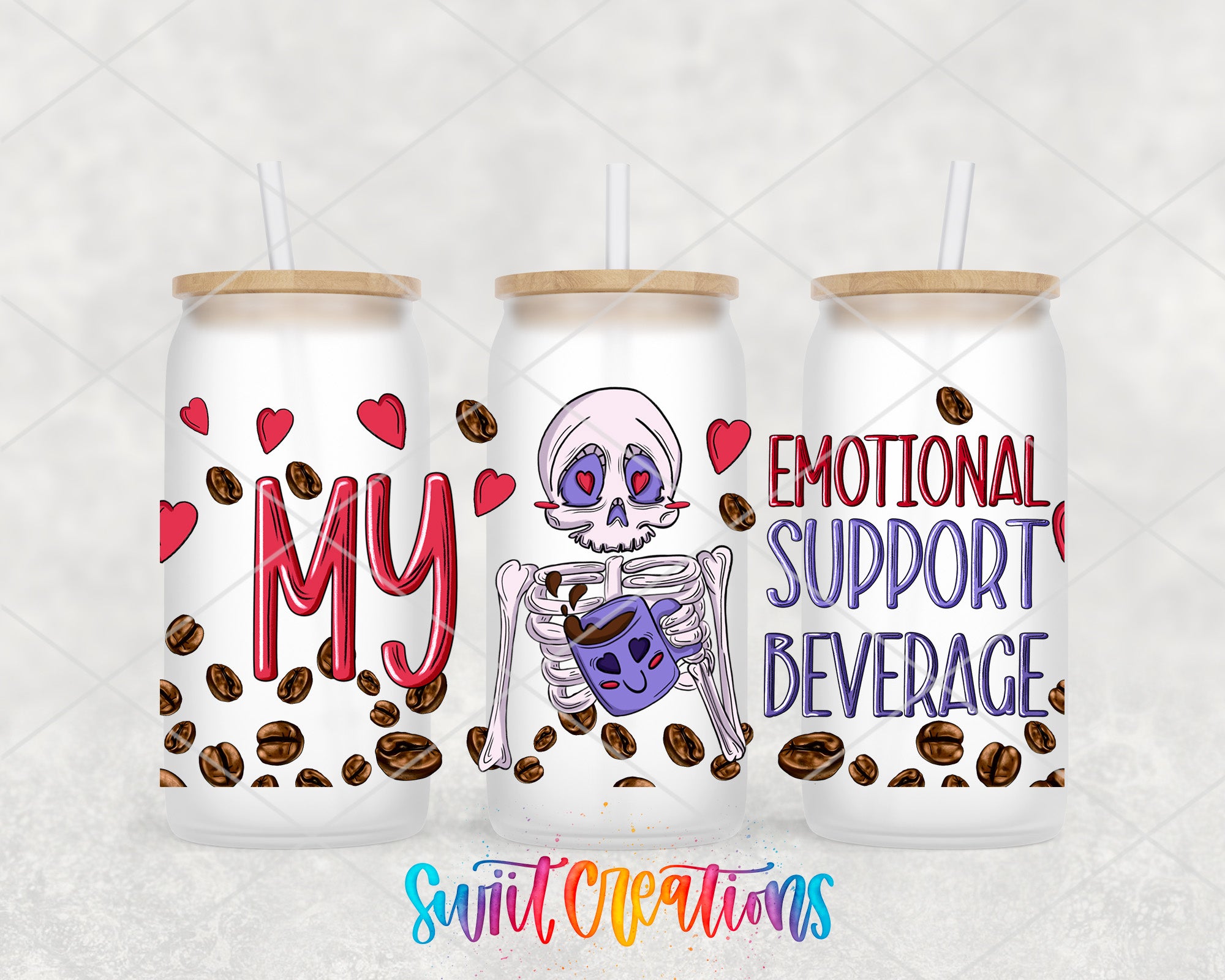 three white coffee cans with unique designs and text on them.