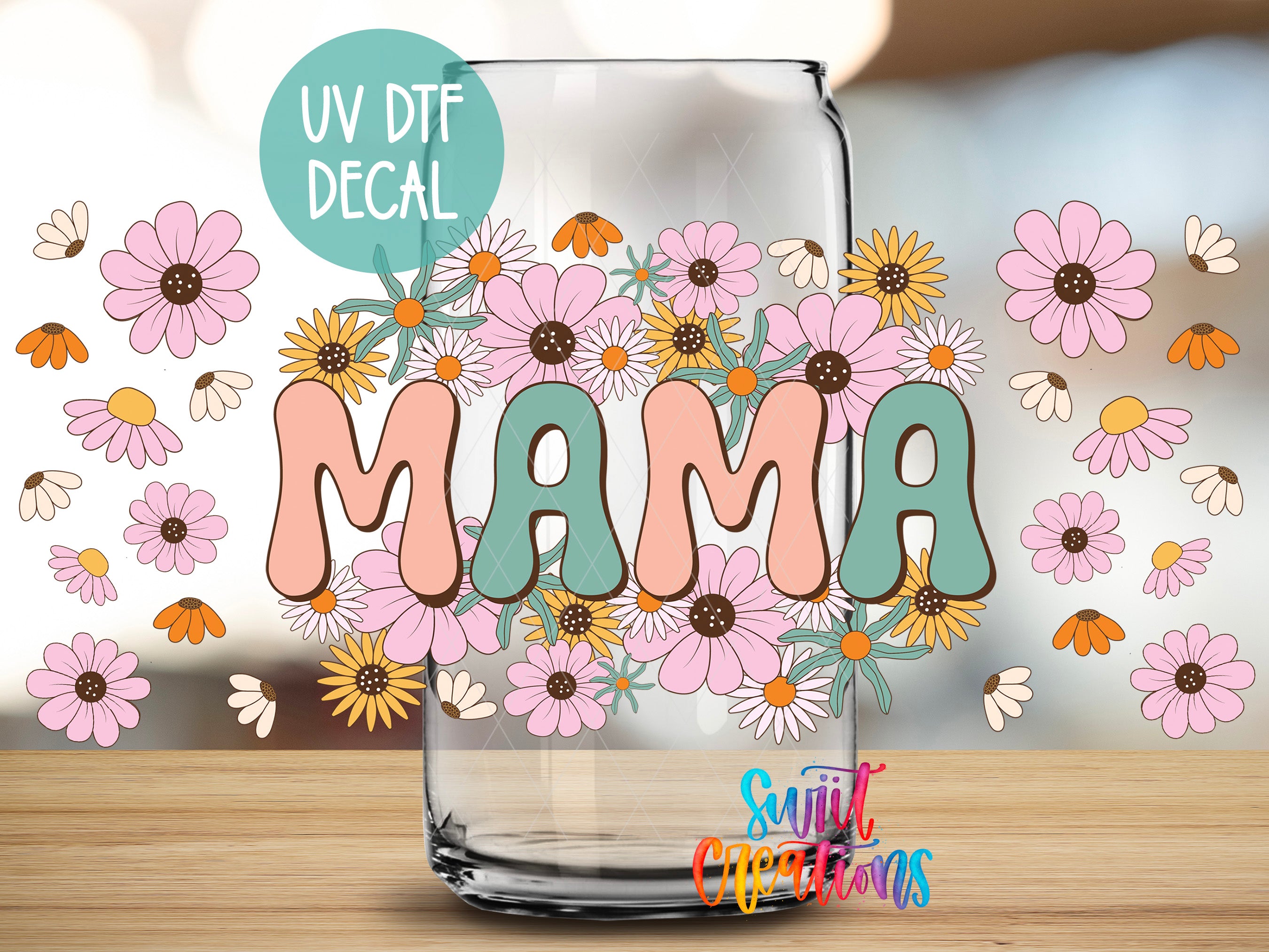 a glass jar with a floral decal on it, surrounded by various colorful flowers.