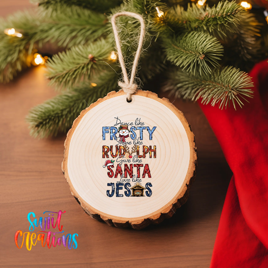 A wooden ornament with a Christmas tree in the background.
