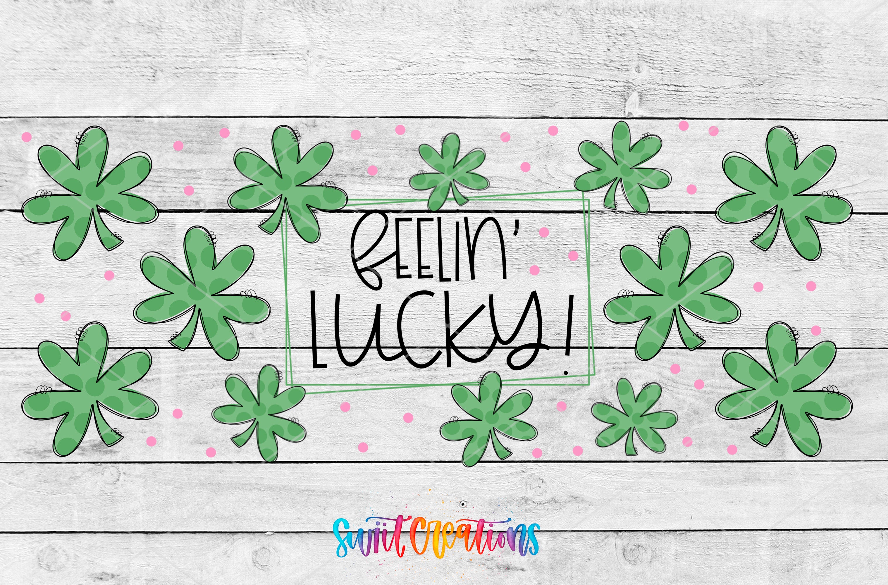 a collage of various images, including a central image with the text "Feelin' Lucky!" surrounded by green shamrocks and pink dots.