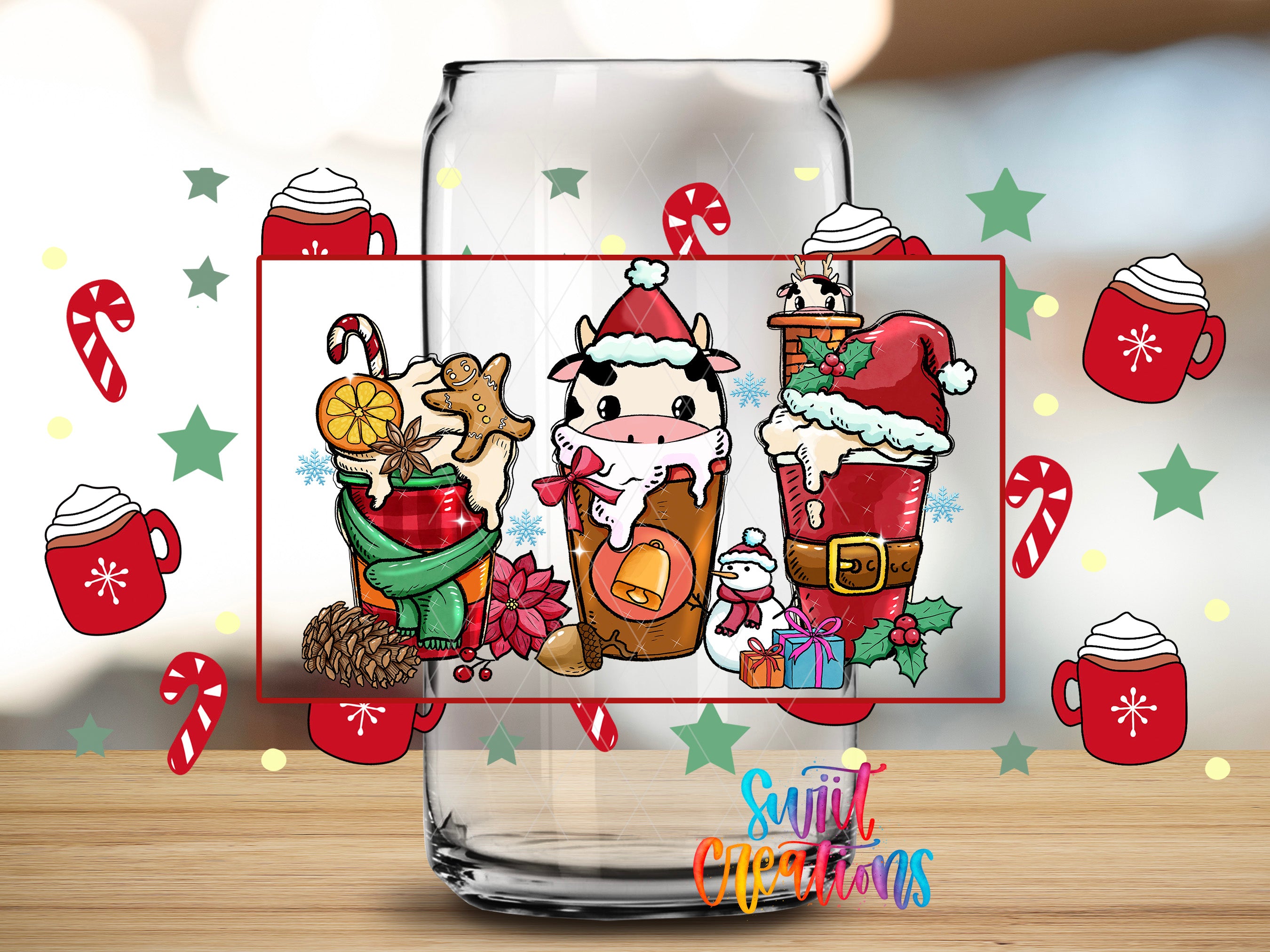 A glass mug with a cow and other Christmas-themed items, surrounded by festive decorations such as candy canes, stars, and snowflakes.