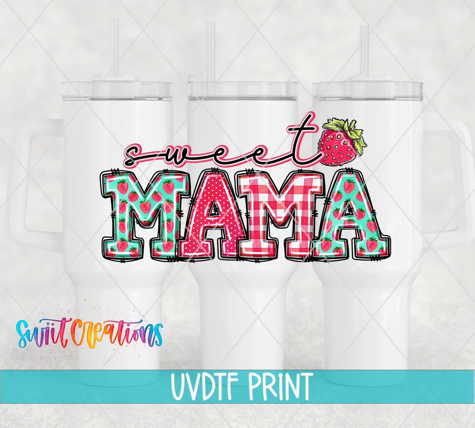 two white coffee mugs with the words sweet mama and a strawberry on them