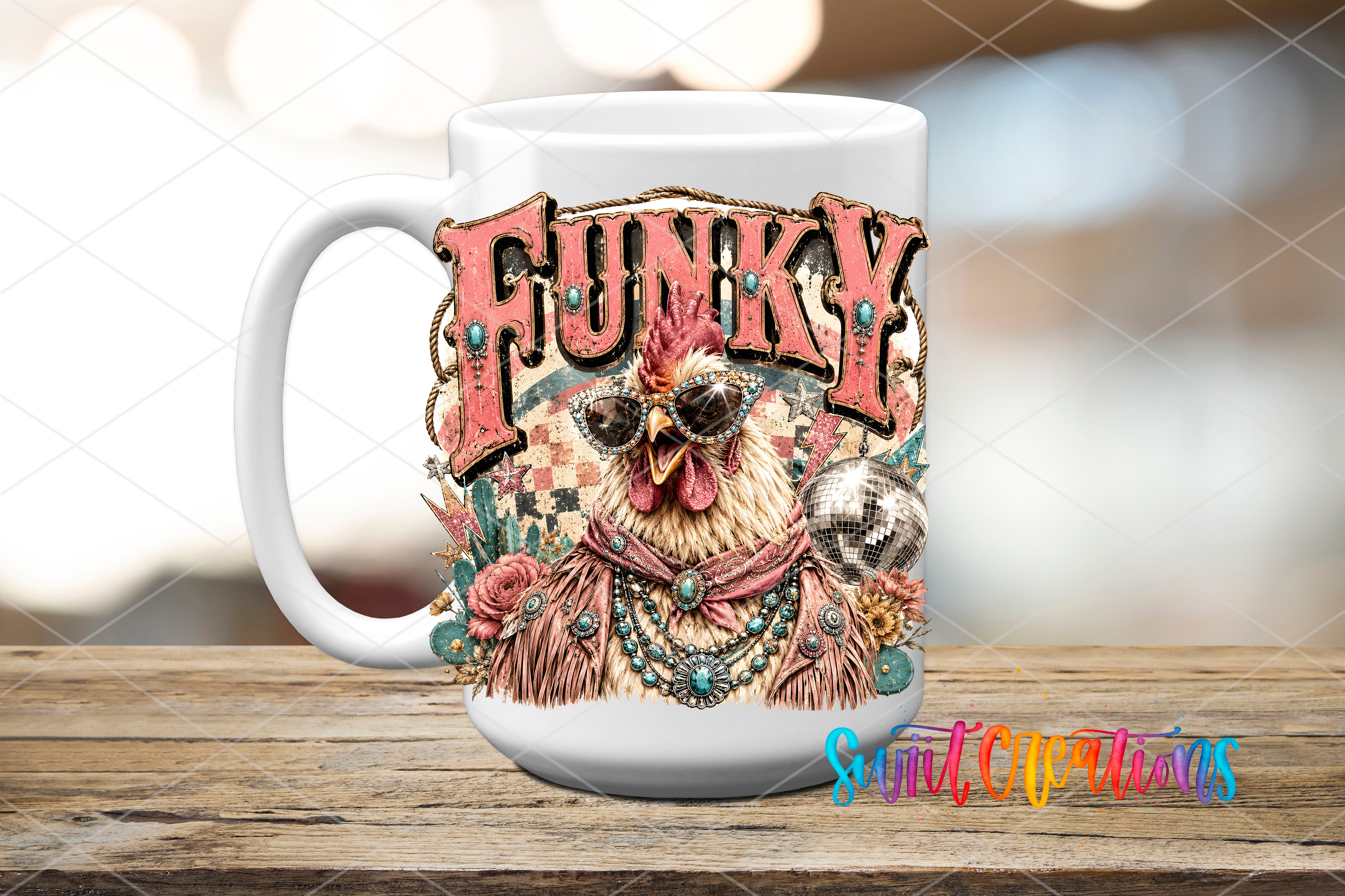 A white ceramic mug with a colorful and whimsical design featuring a rooster wearing sunglasses and a fringed cape, surrounded by various decorative elements.