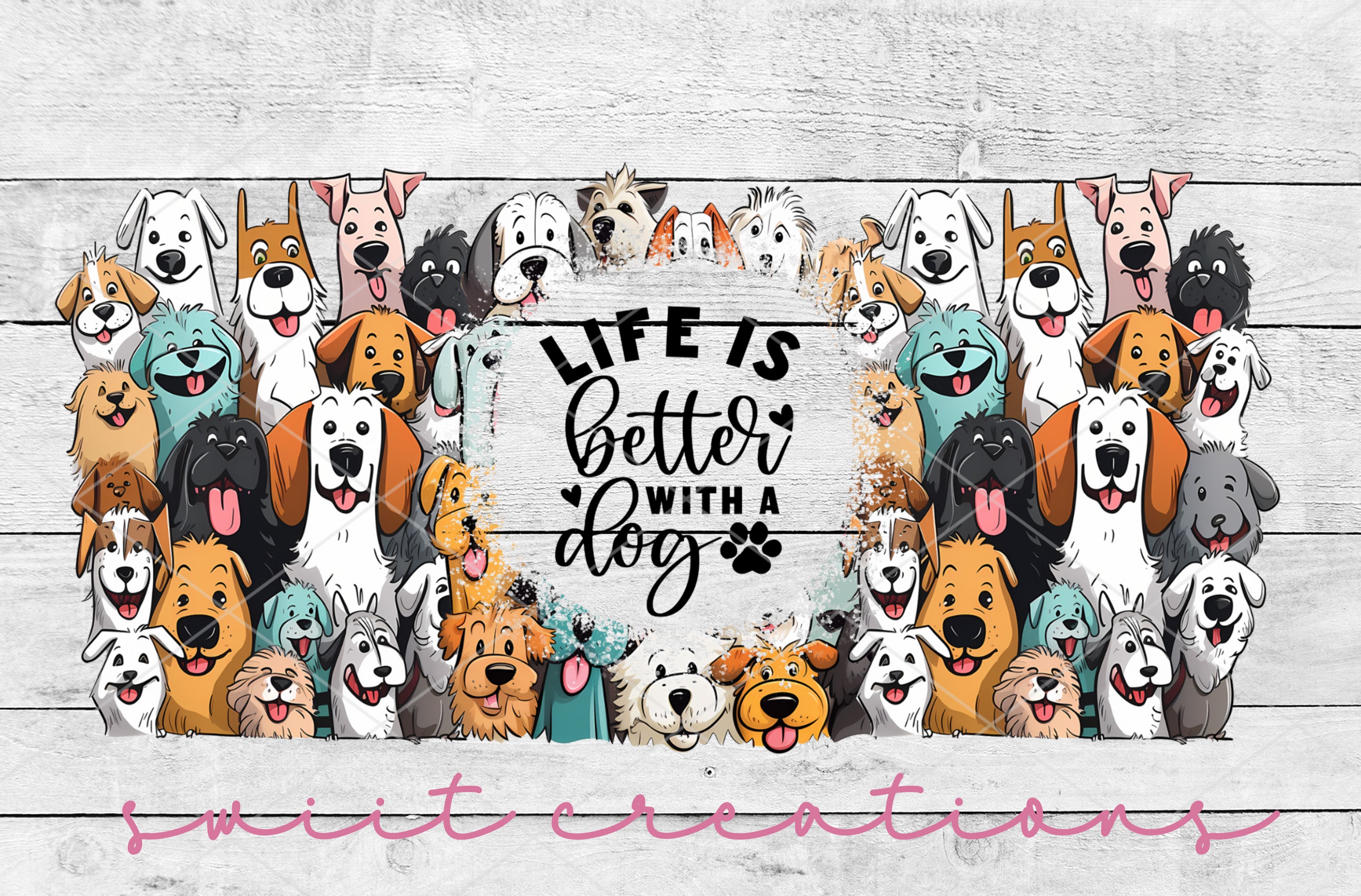 a group of dogs with a wooden background