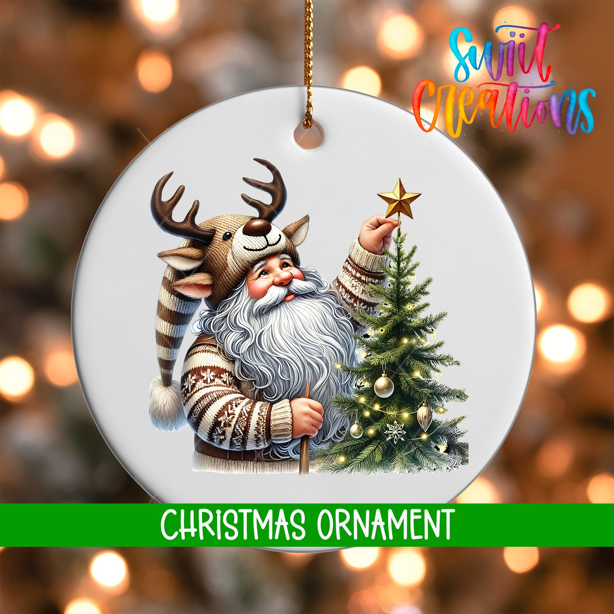 Santa Claus decorating a Christmas tree with a star ornament and antlers.