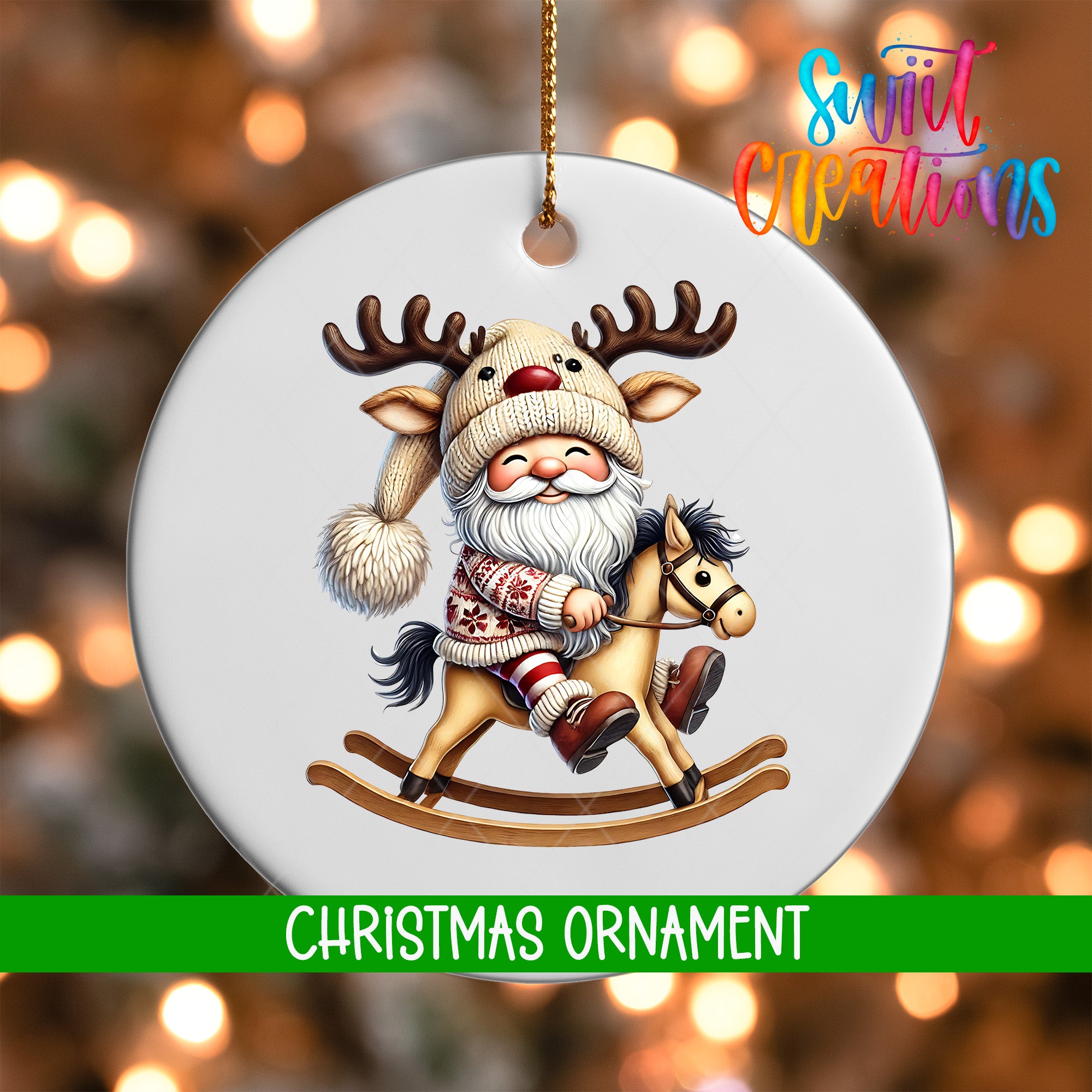 A white Christmas ornament featuring a Santa Claus figure riding a rocking horse, with a reindeer and a Santa hat on his head.