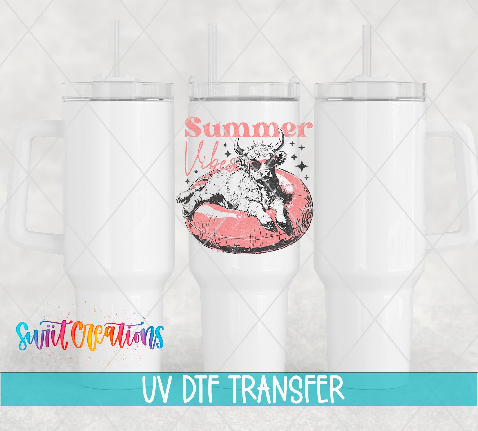 Swiit Creations UV DTF Summer Vibes Highland Cow transfer shown on a white tumbler set