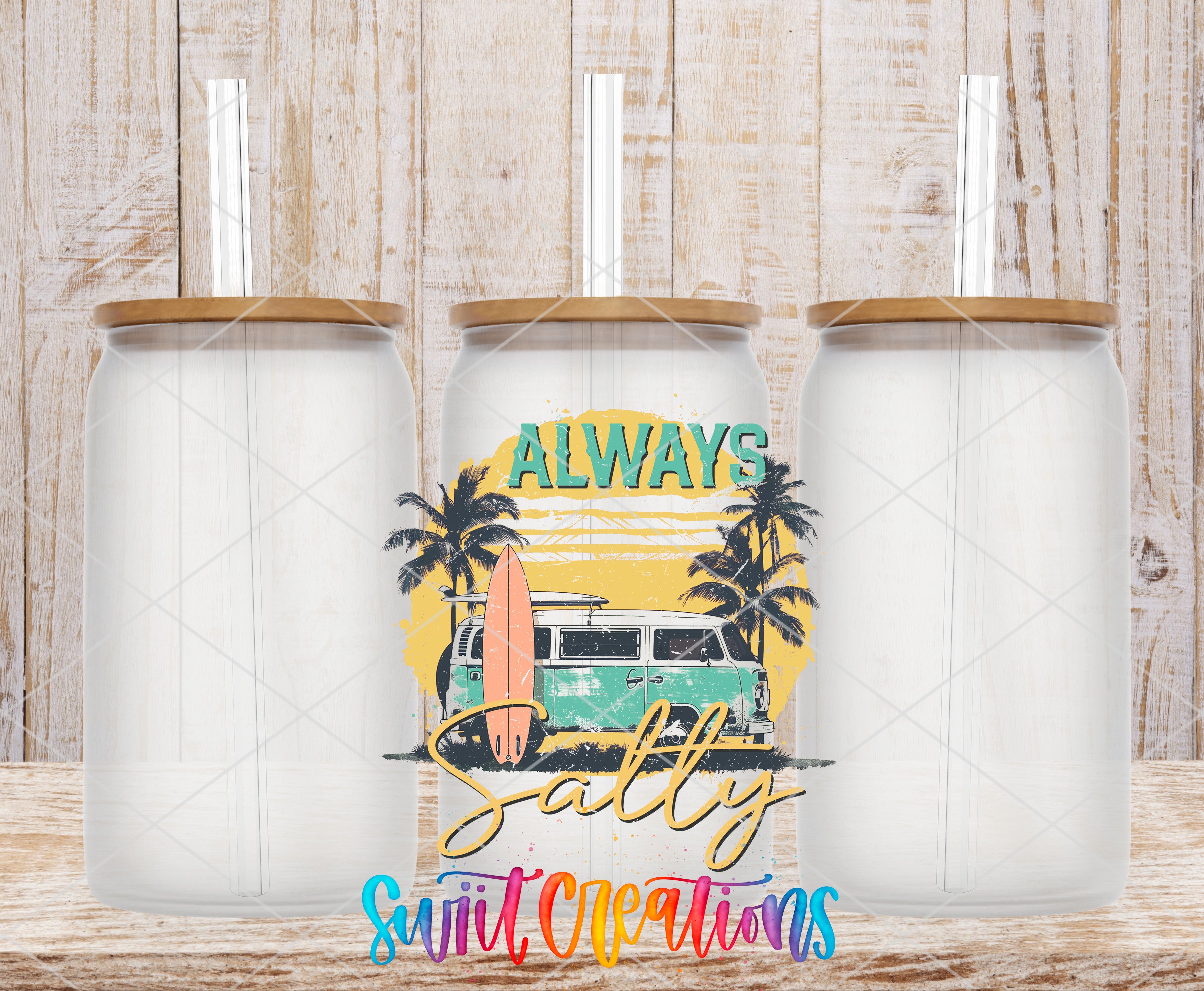 Swiit Creations UV DTF Summer Beach Always Salty transfer shown on a clear glass can set