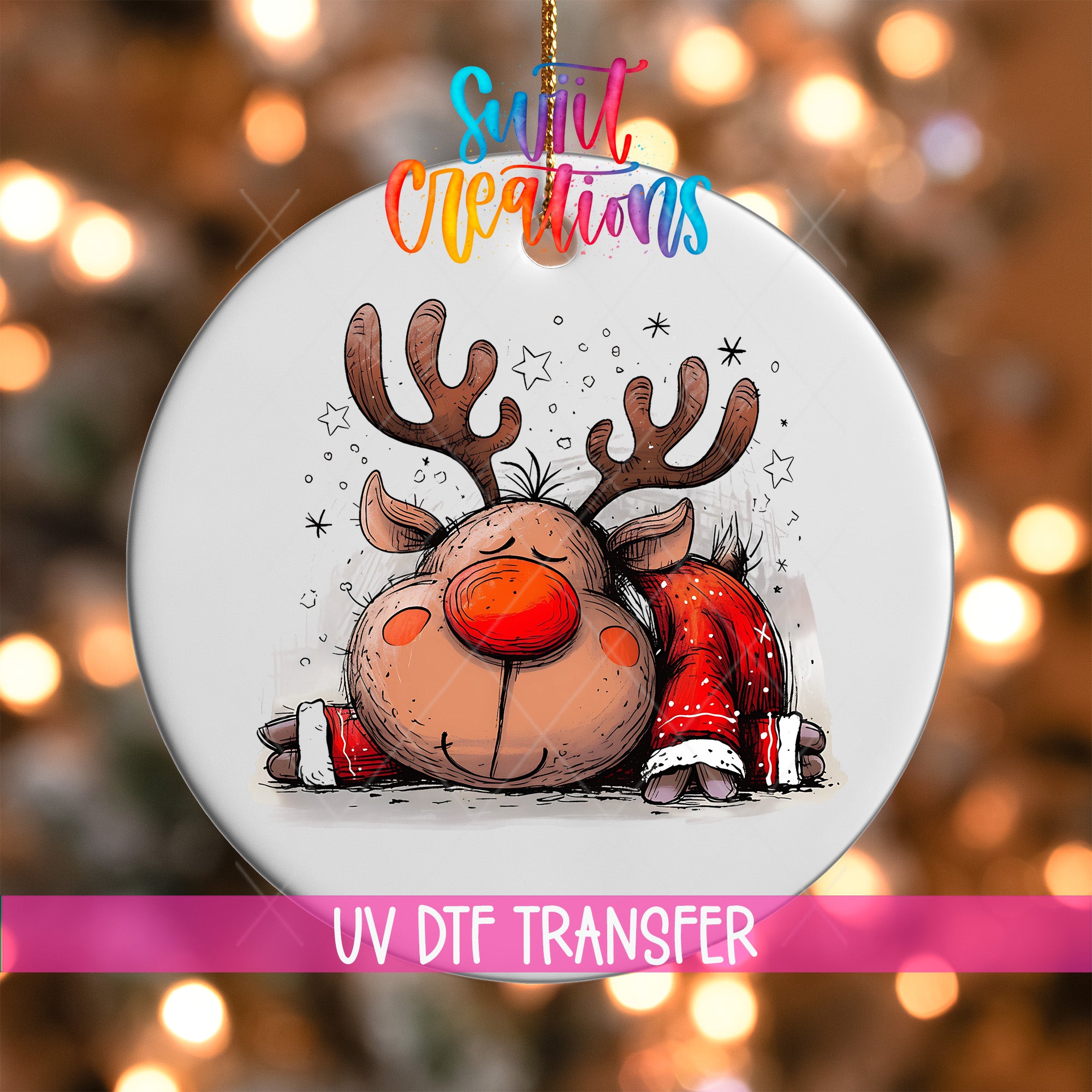 A white ornament with a cartoon reindeer wearing a red Santa suit and surrounded by stars and snowflakes.