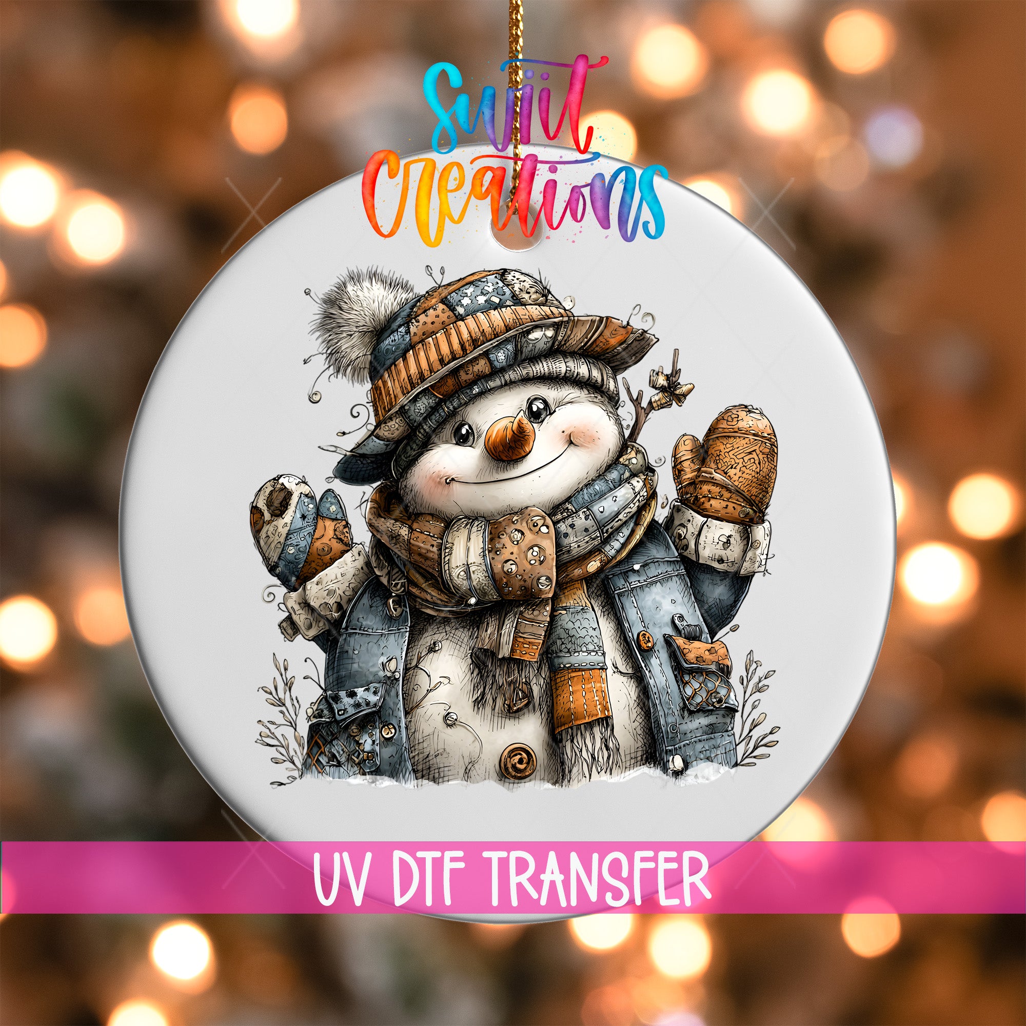A snowman ornament with a colorful scarf and hat, surrounded by snowflakes, is displayed against a blurred background with colorful lights.