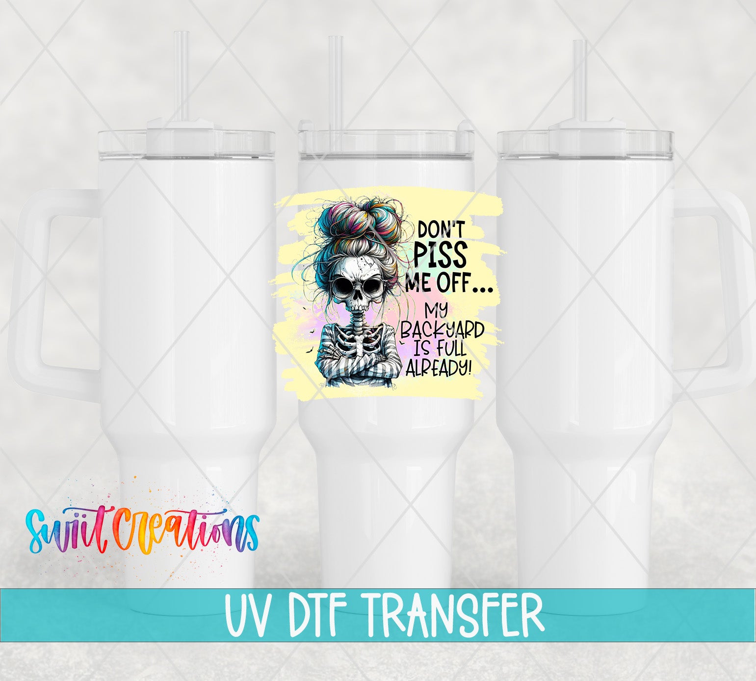 Swiit Creations UV DTF Sassy Skeleton transfer shown on a white tumbler set