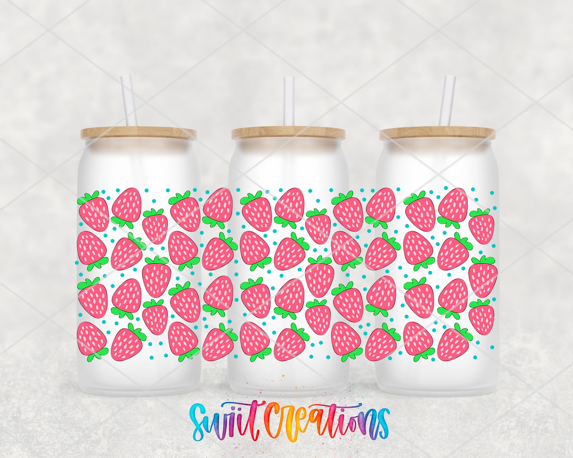 three glass jars with a strawberry pattern design on them, each with a lid and straw.