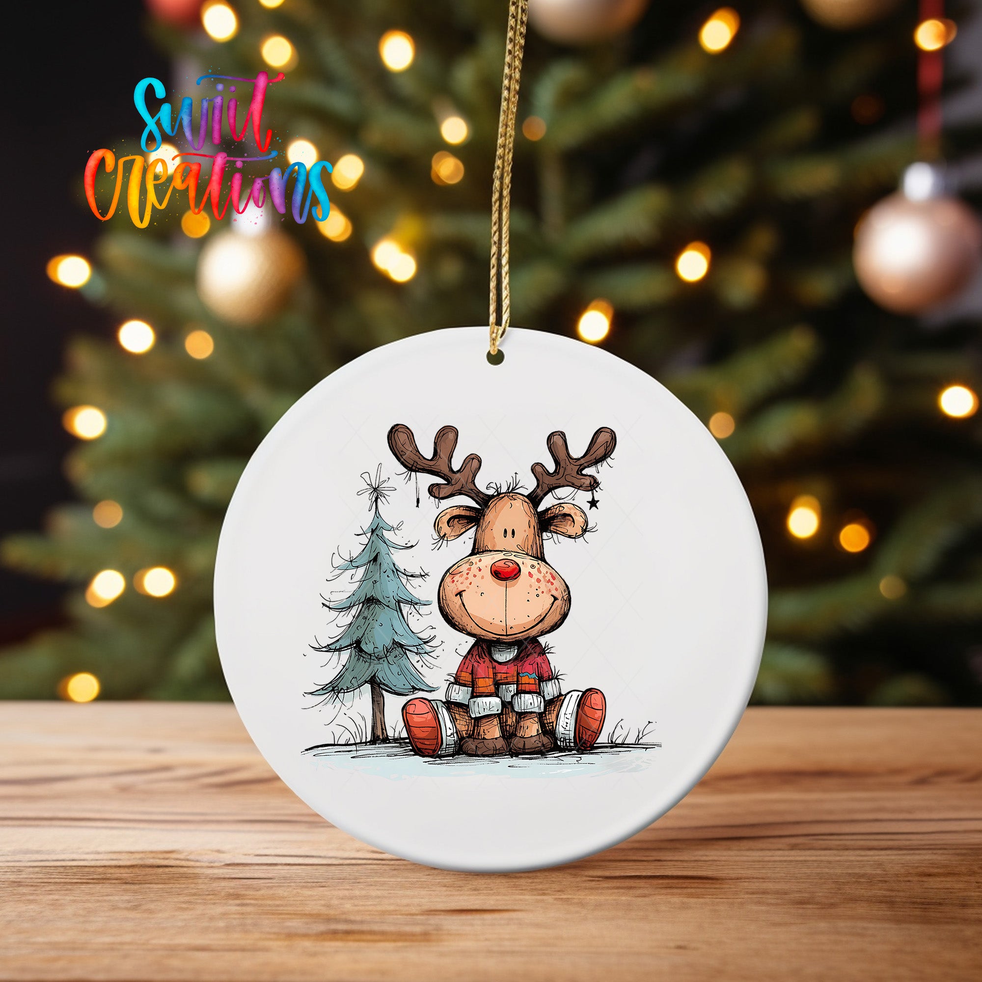 A white oval ornament featuring a cartoon reindeer sitting next to a Christmas tree, with colorful lights in the background.
