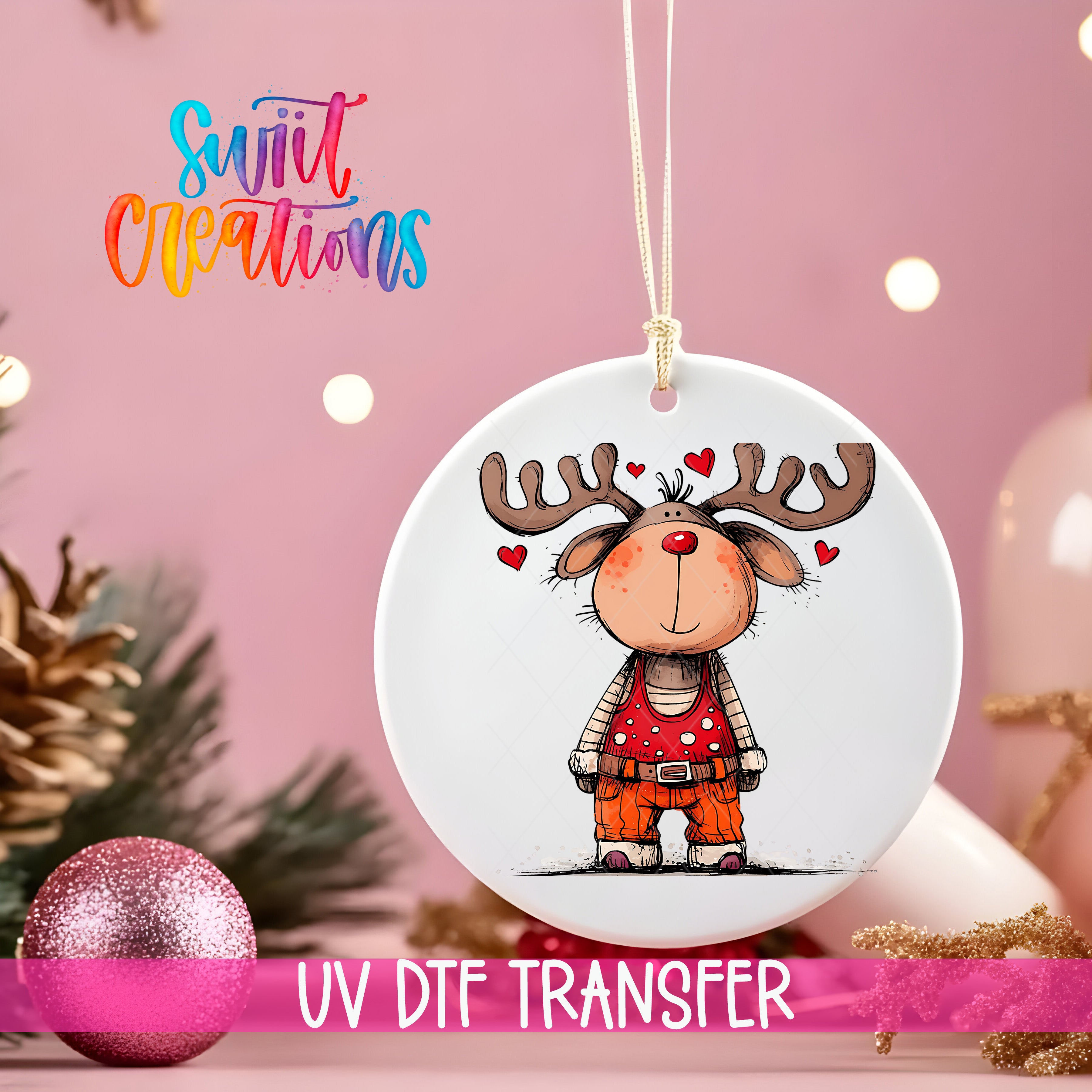 A white ornament with a cartoon reindeer wearing a red outfit and antlers, surrounded by Christmas decorations and a pink background.