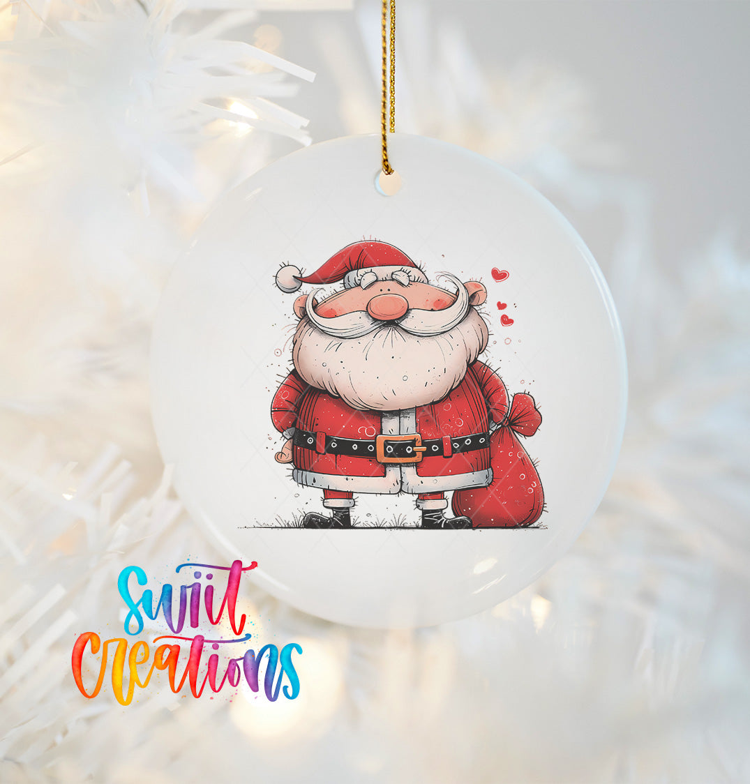 A white ornament featuring a cartoon illustration of Santa Claus holding a sack of presents.