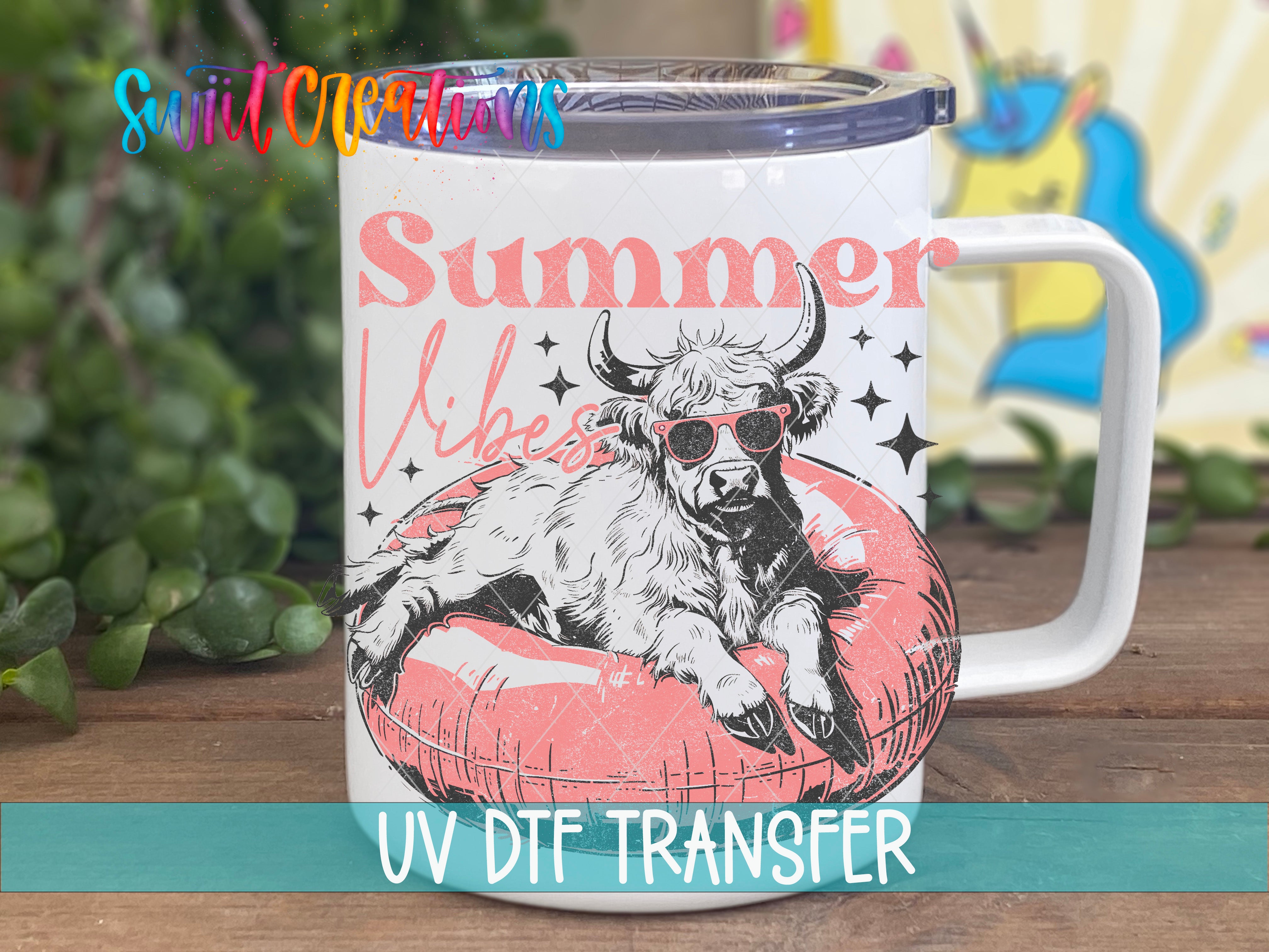 Swiit Creations UV DTF Summer Vibes Highland Cow transfer displayed on a white coffee mug