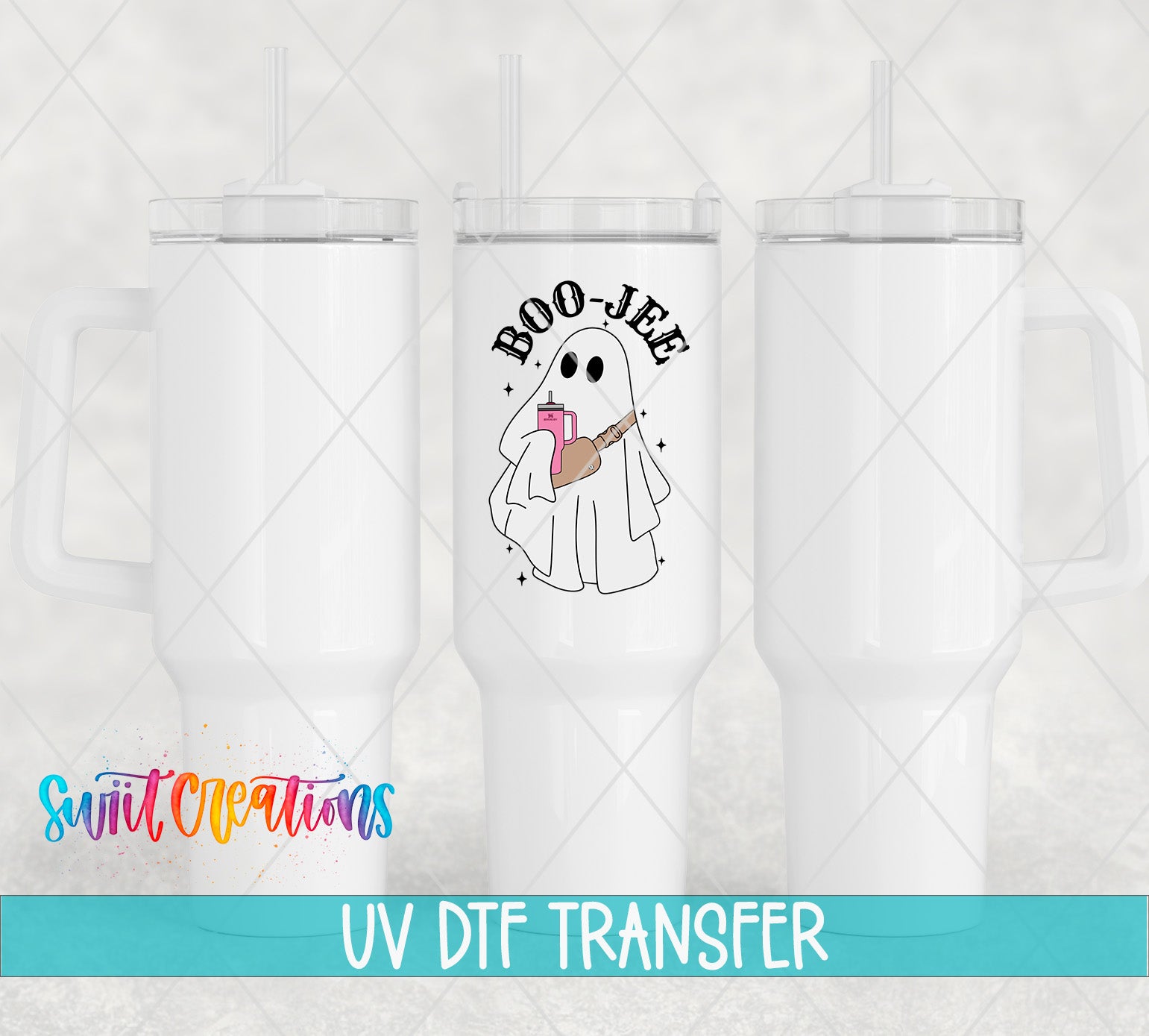 Swiit Creations UV DTF Boo-Jee transfer shown on a white tumbler set
