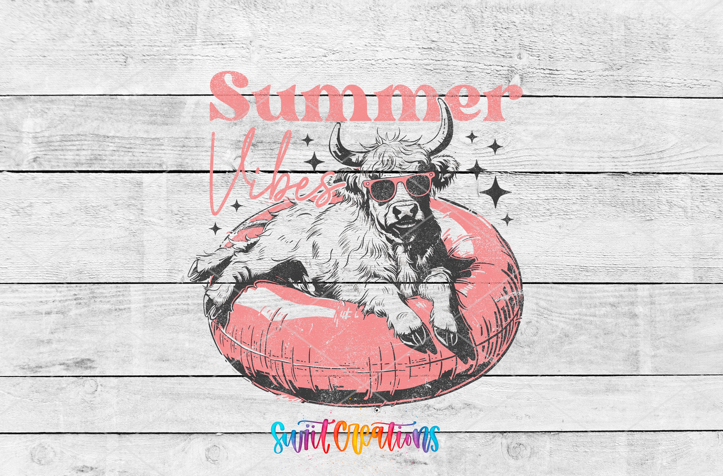Swiit Creations UV DTF Summer Vibes Highland Cow transfer shown as the full artwork preview