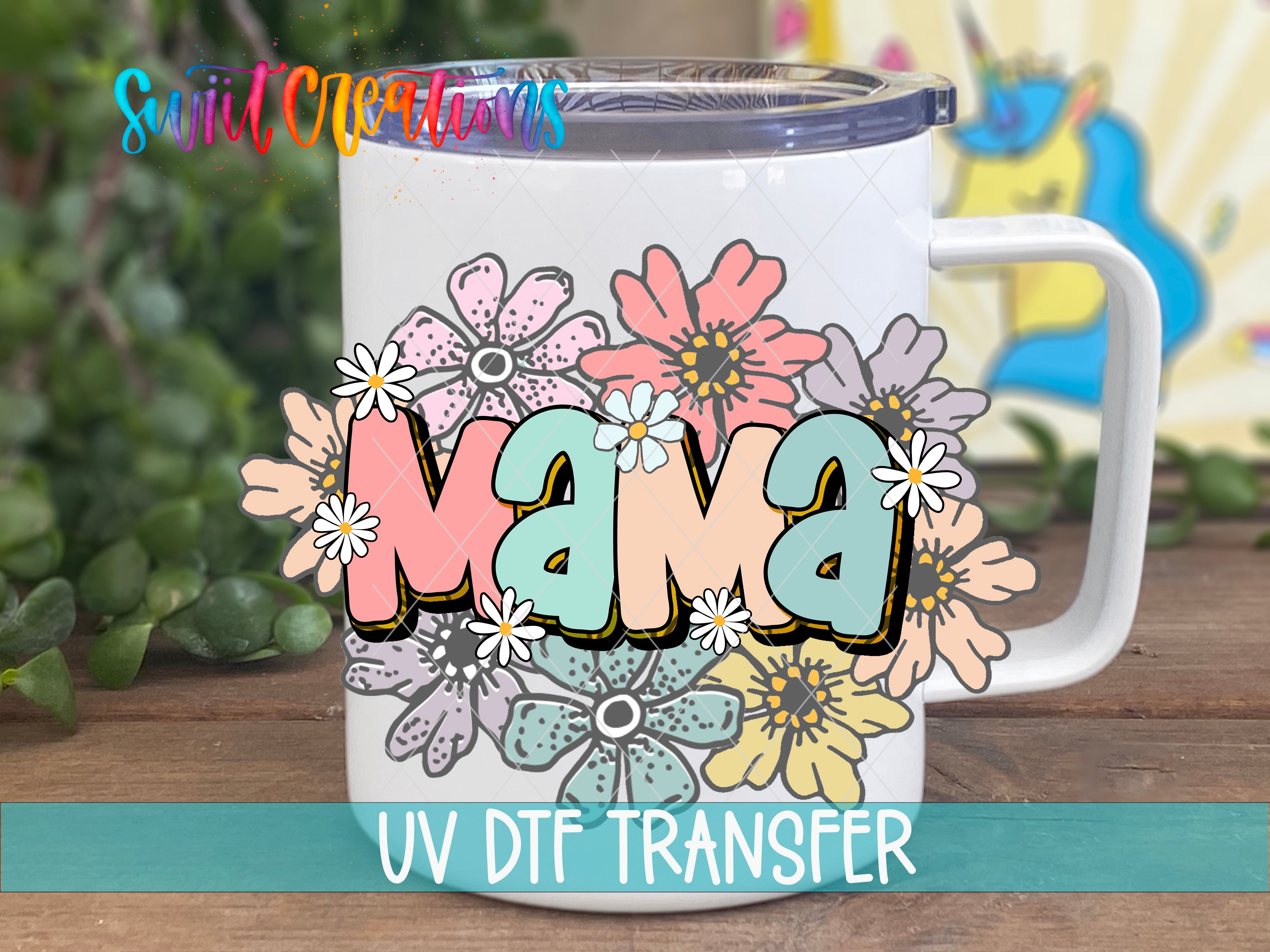 Swiit Creations UV DTF pastel Mama floral transfer on a white coffee mug mockup
