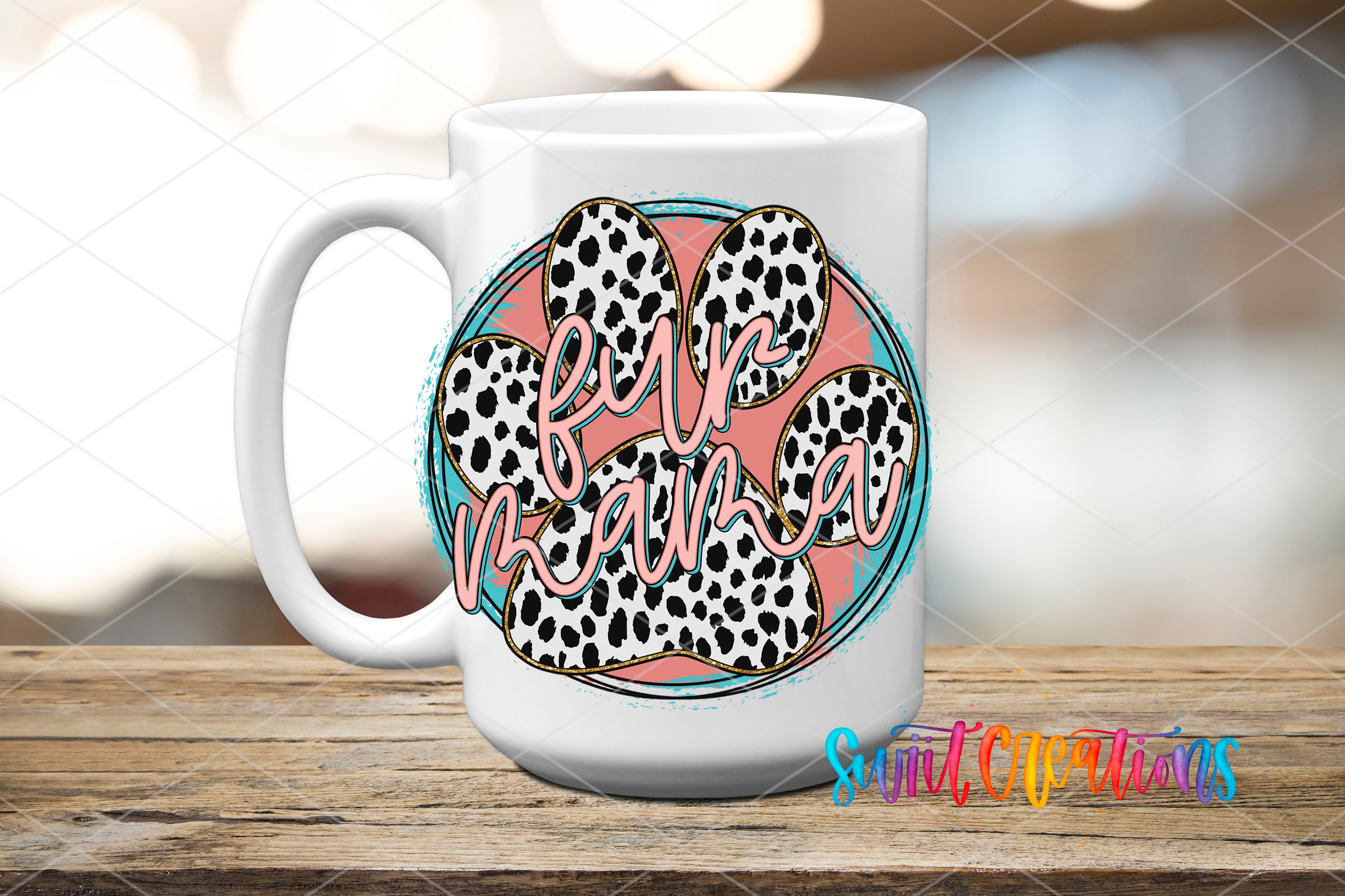 Swiit Creations UV DTF Paw Print Fur Mama transfer applied to a white ceramic mug