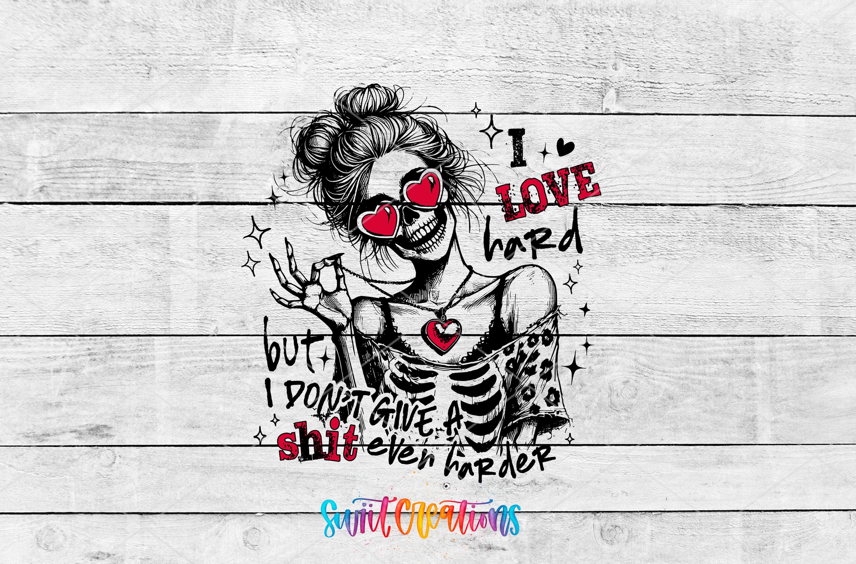 The image is a black and white illustration of a skeleton wearing sunglasses and a heart-shaped necklace, with text surrounding the figure.