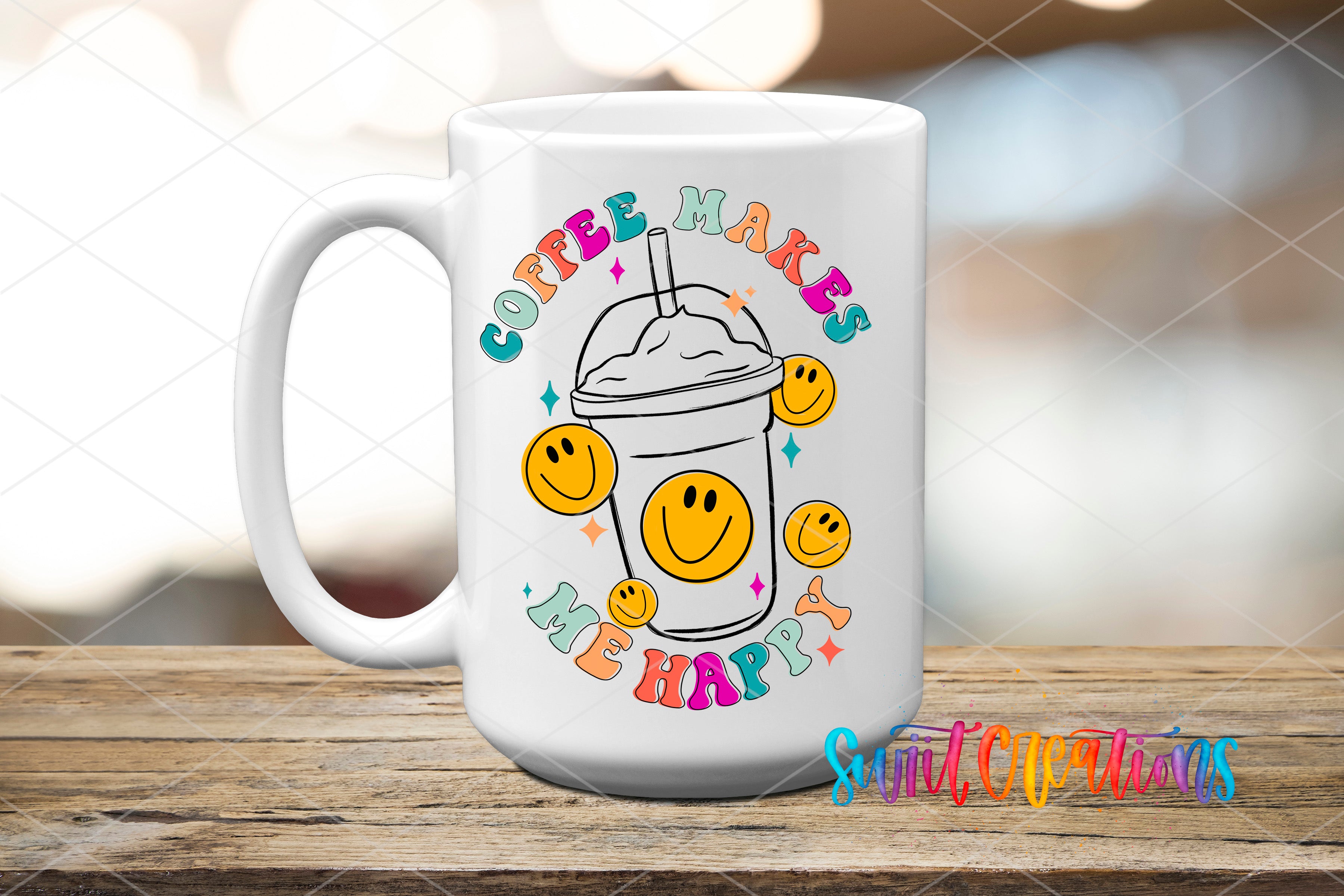 A white ceramic mug with a colorful design featuring a coffee cup with a straw and smiley faces, surrounded by the text "COFFEE MAKES ME HAPPY".