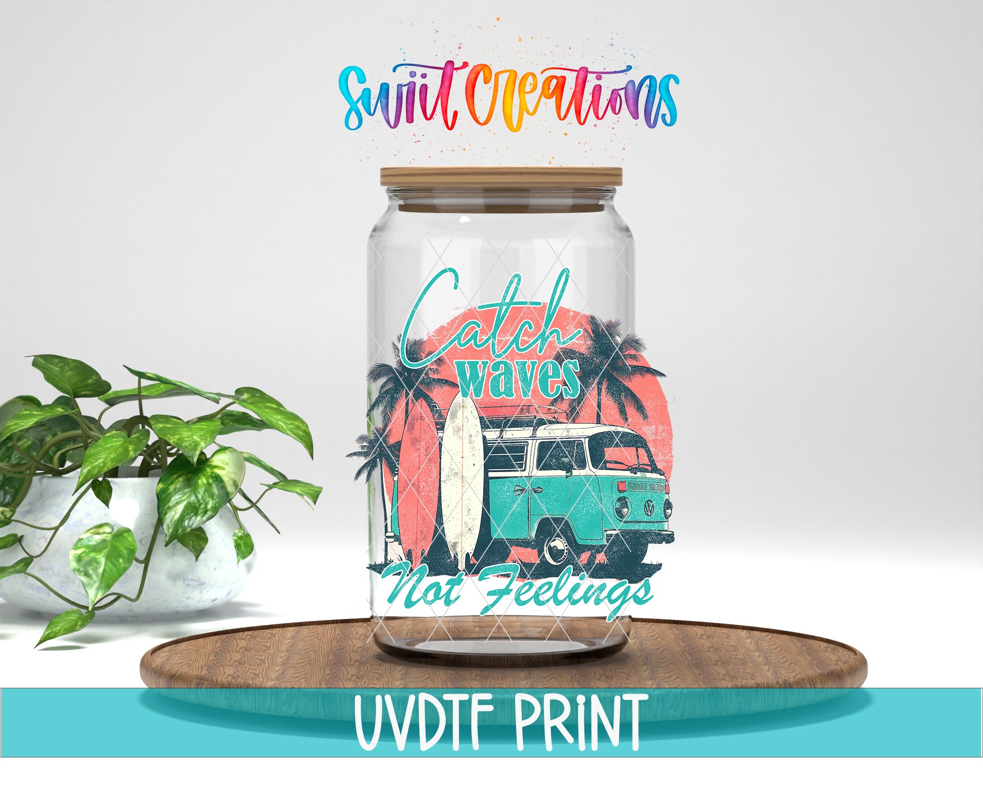 A glass jar with a label featuring a surfboard and palm trees, along with the text "Catch Waves Not Feelings" and "Swift Creations" written above it.