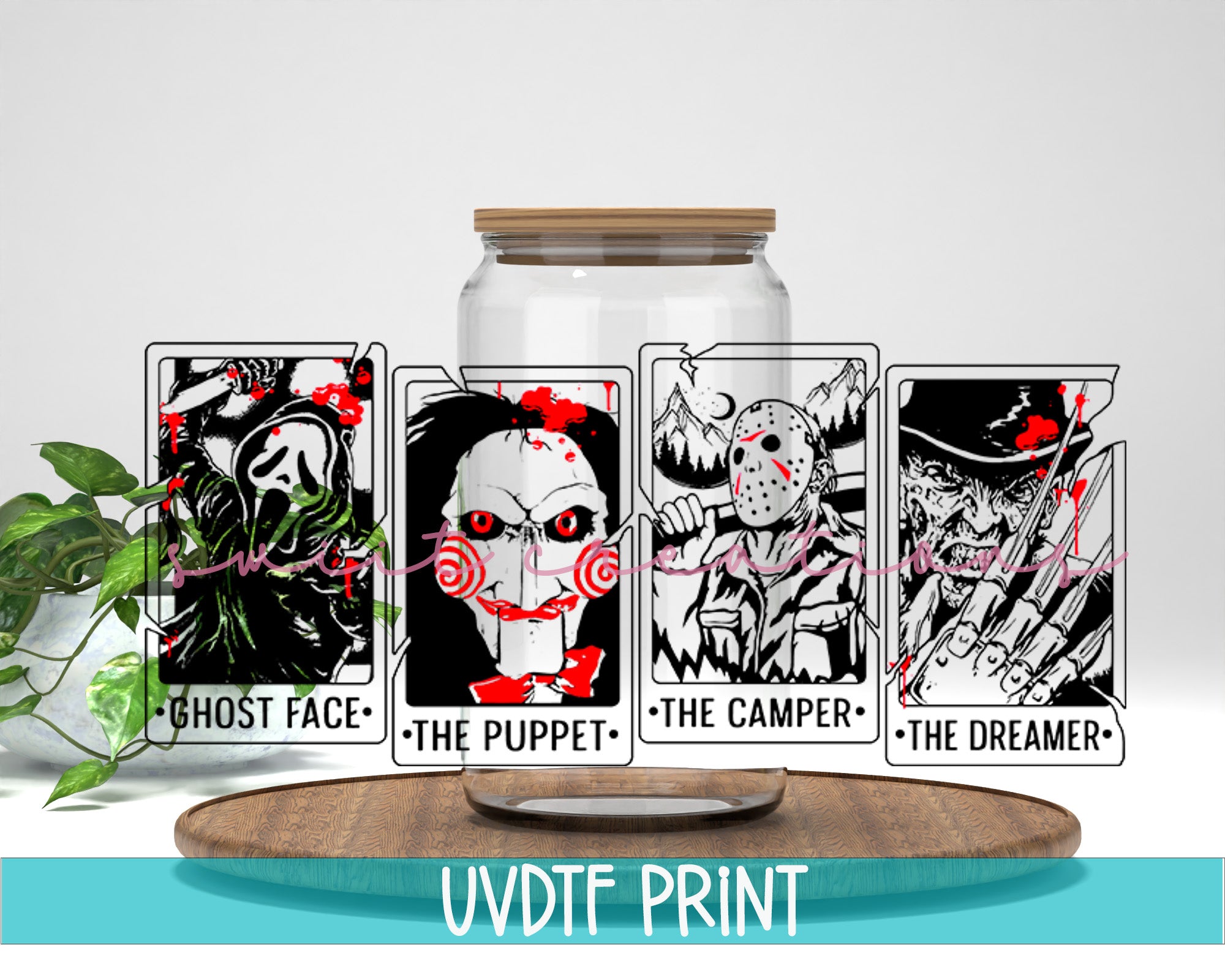 a glass jar with a picture of a clown in it