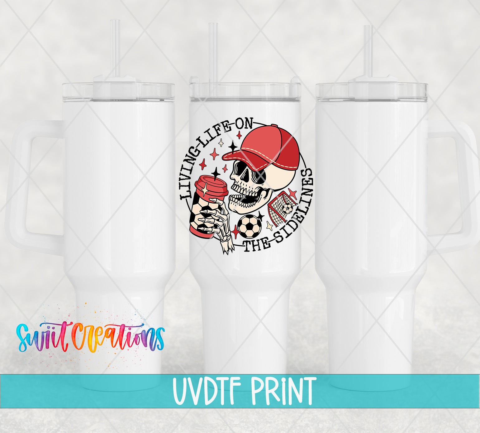 a white ceramic mug with a printed design on it, including a skull wearing a red baseball cap and holding a red cup.