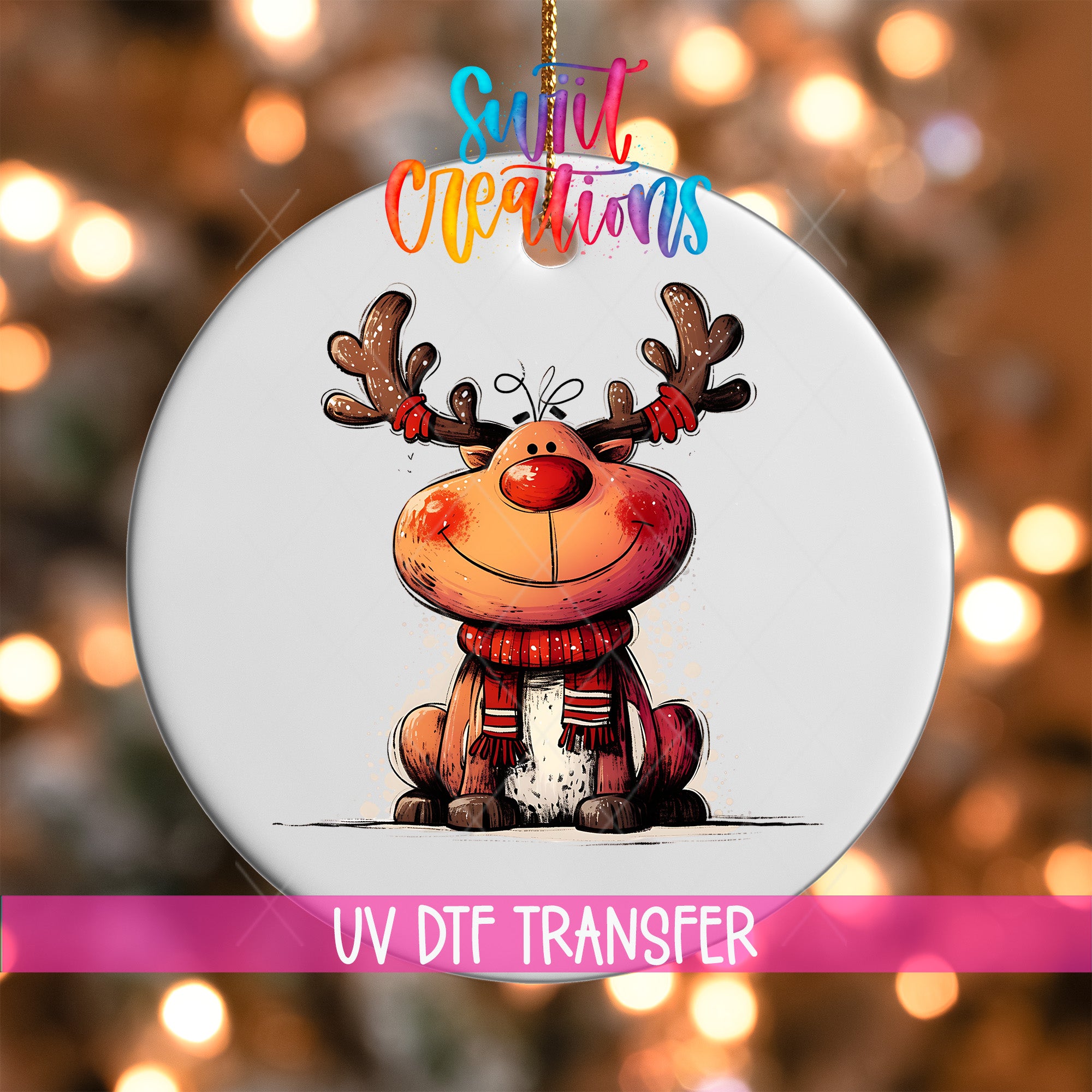 A white ornament with a cartoon reindeer wearing a red scarf and antlers, with the text "Sweet Creations" and "UV Dtf Transfer" printed on it.