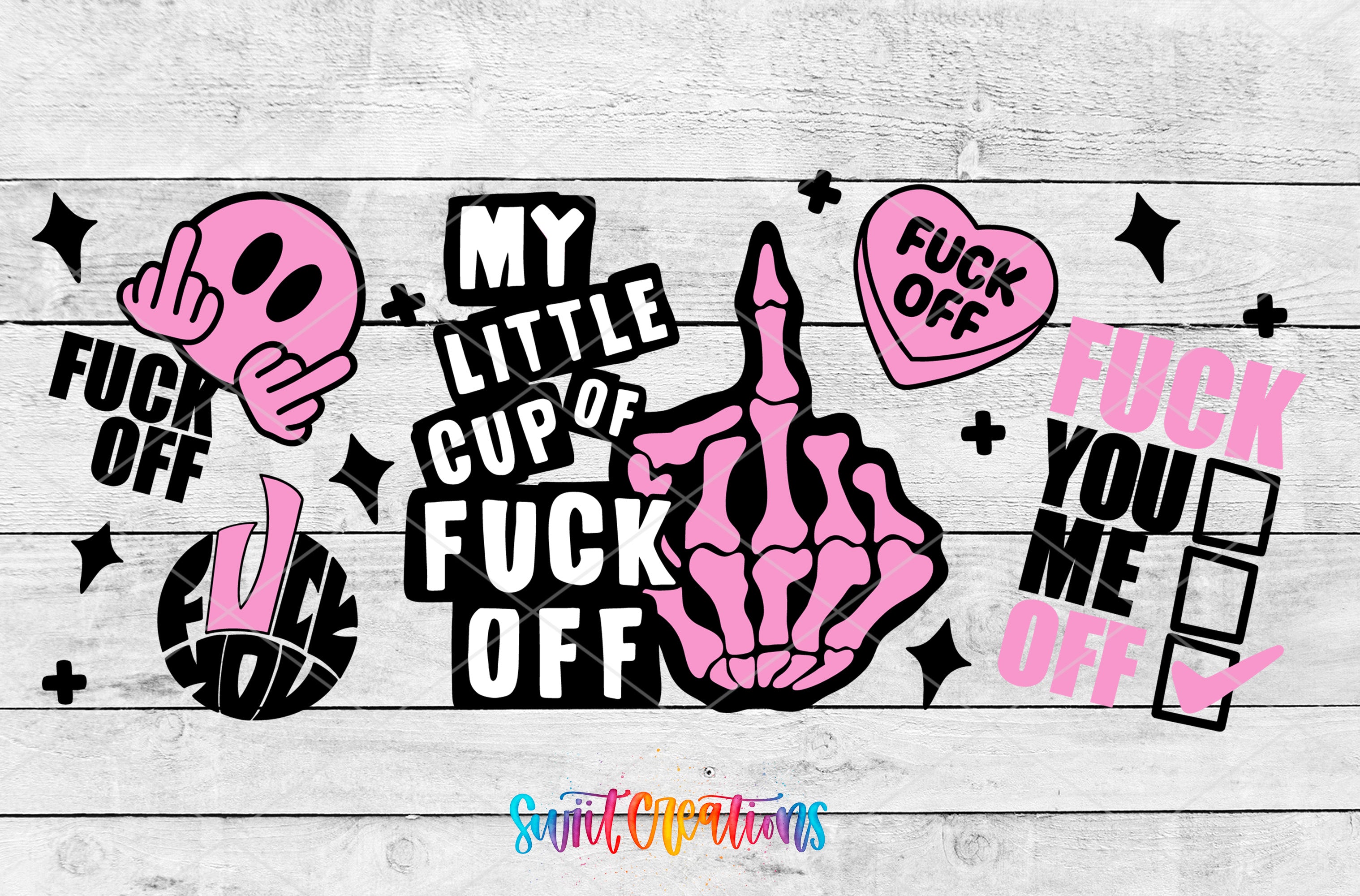 various offensive and aggressive text and symbols, including a "FUCK OFF" sign, a "FUCK YOU ME OFF" sign, and a skeleton hand gesture. The overall composition appears to be a collage of these elements, with the text and symbols arranged in a visually striking manner.