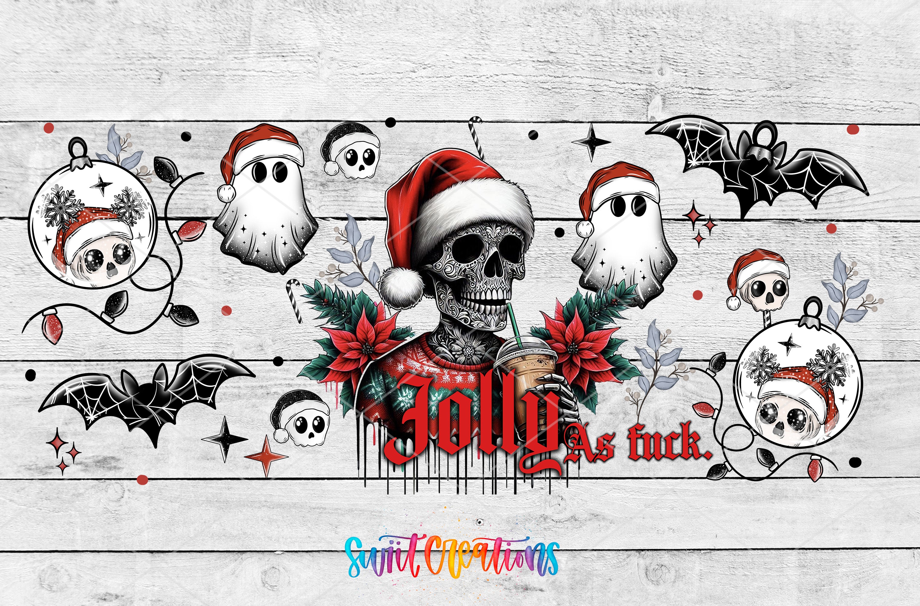 The image is a collage featuring a skull wearing a Santa hat, surrounded by various Halloween-themed elements such as bats, ghostly figures, and Christmas ornaments. The text "Jolly as fuck" is prominently displayed in the center of the image.