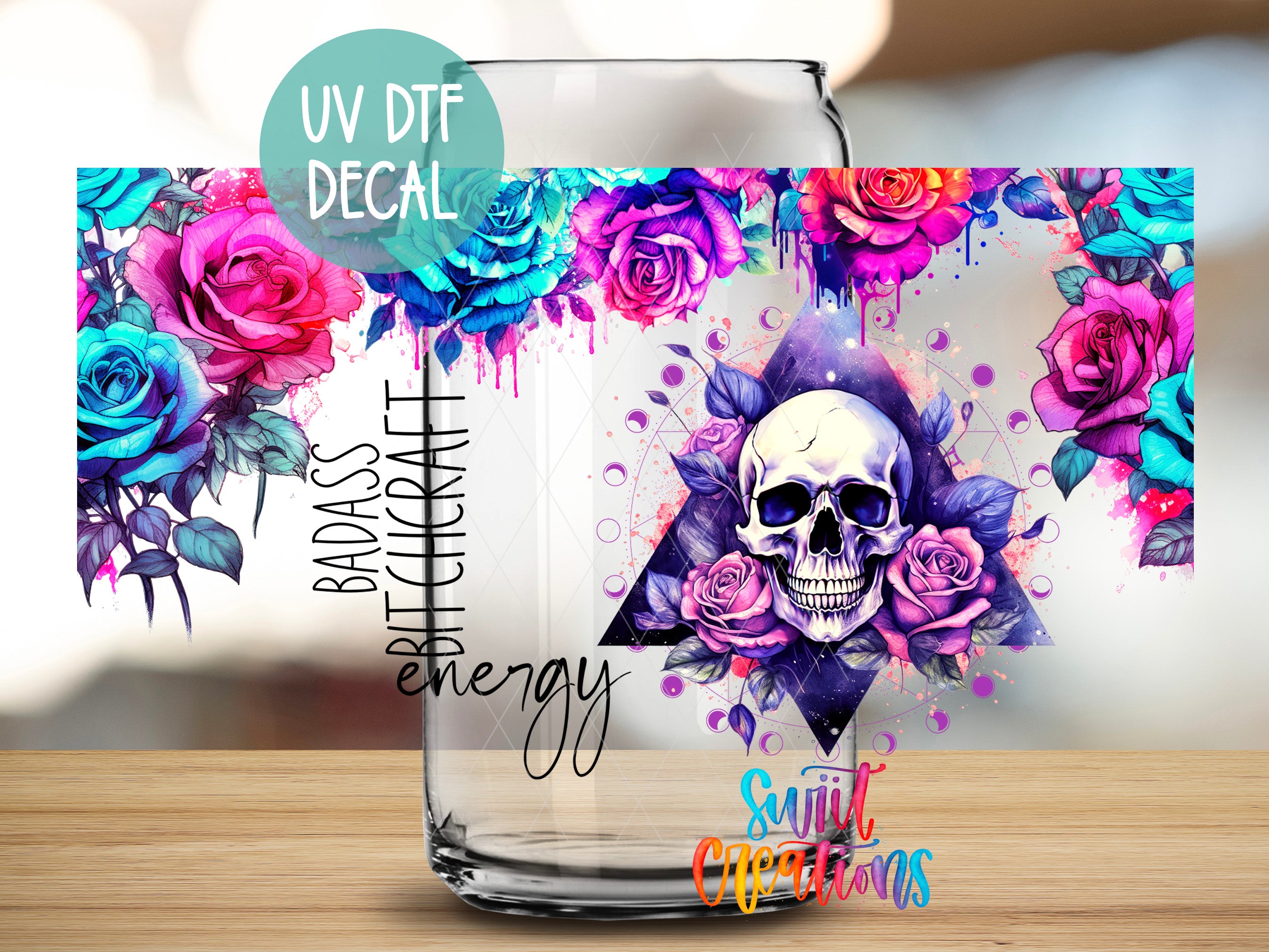 a glass jar with a colorful floral design and a skull motif.