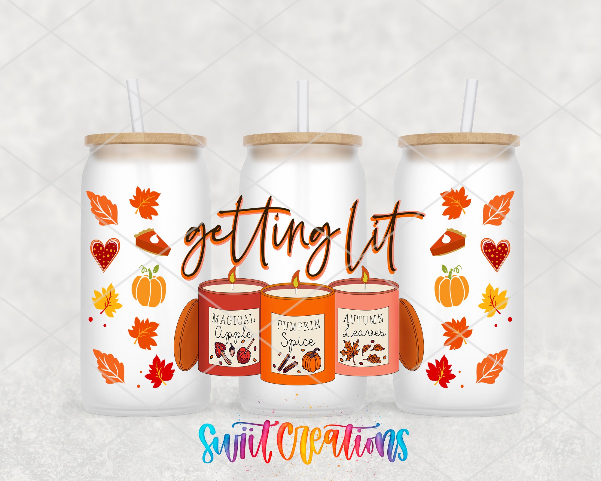 three white tumblers with autumn-themed labels, including "MAGICAL APPLE", "PUMPKIN SPICE", and "AUTUMN LEAVES", along with straws. The background is a light gray color with a diamond pattern.