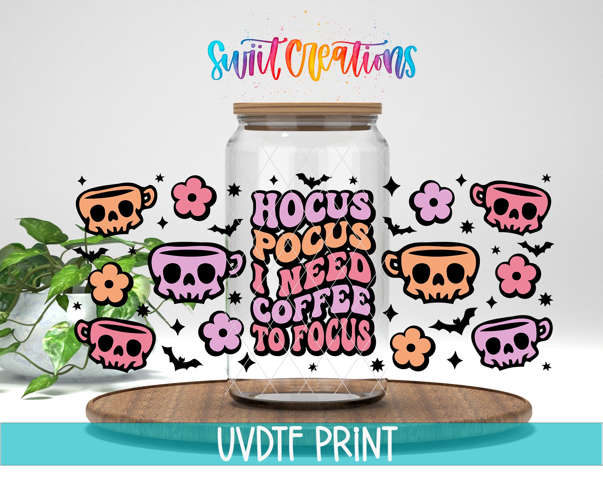 a glass jar with a whimsical design, surrounded by various skull-themed illustrations and text.