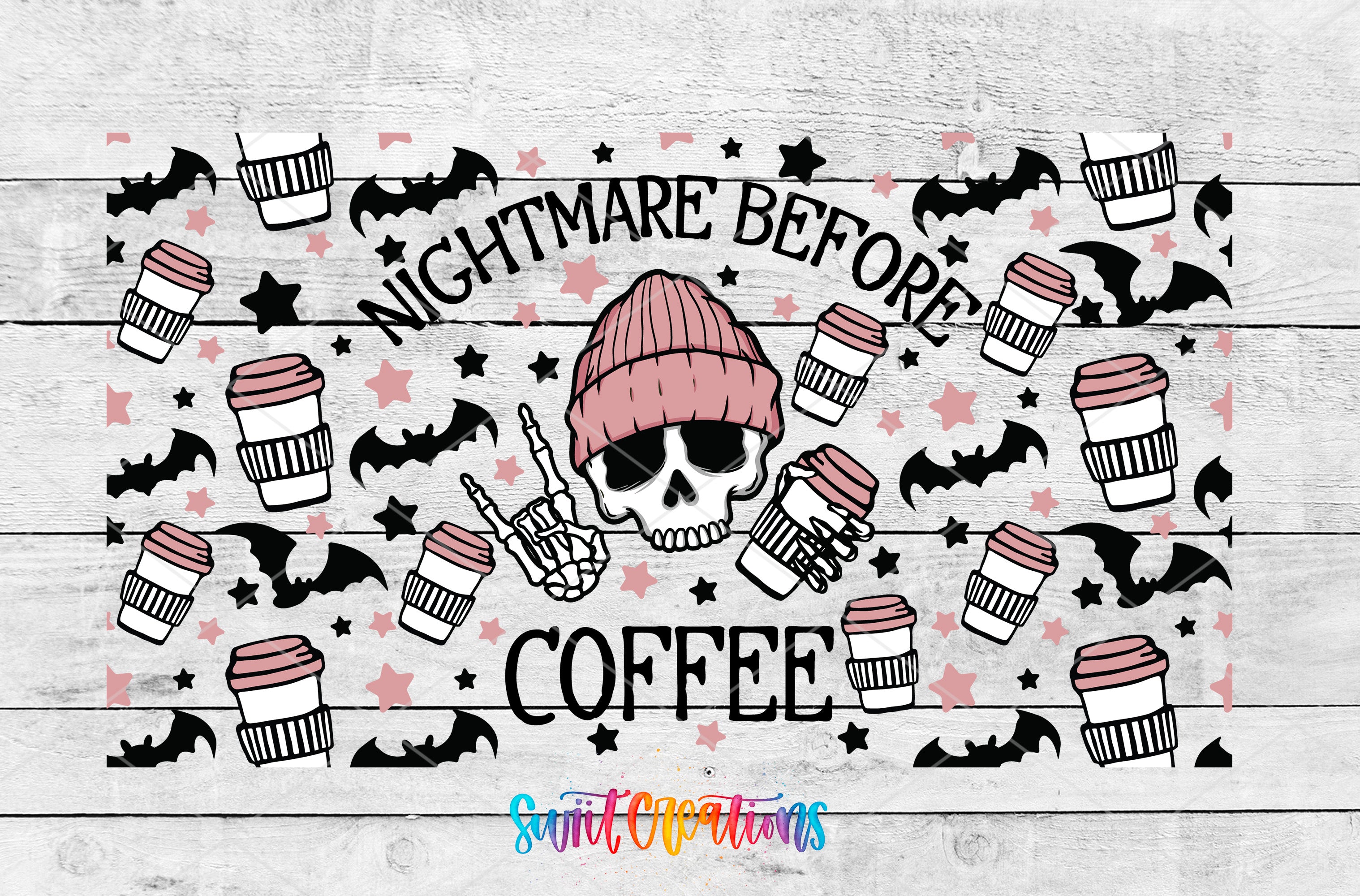The image is a digital illustration featuring a skull wearing a pink beanie, surrounded by coffee cups and bats, with the text "NIGHTMARE BEFORE COFFEE" prominently displayed.