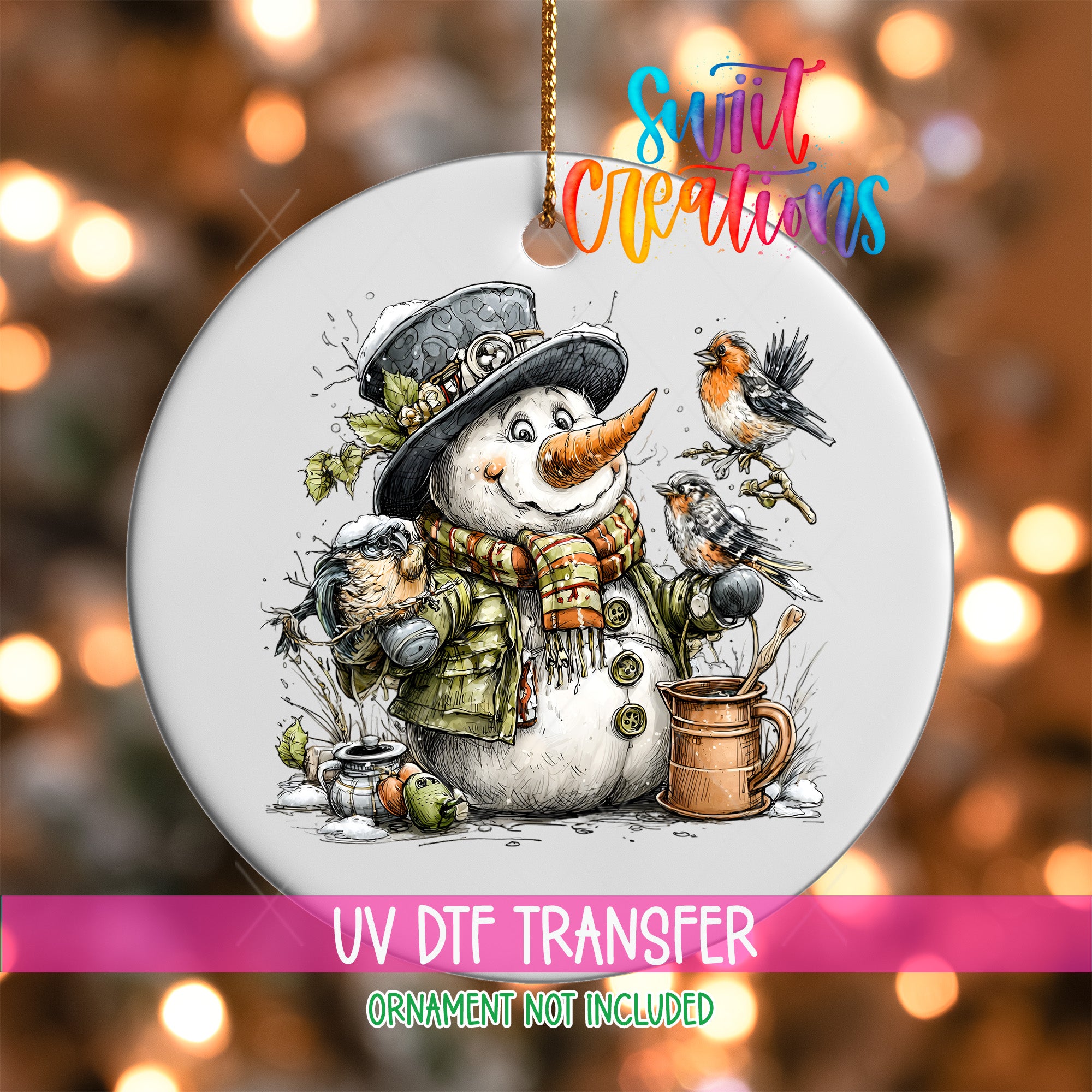 A snowman ornament with a bird perched on its shoulder, surrounded by various winter-themed elements such as a scarf, hat, and a mug.