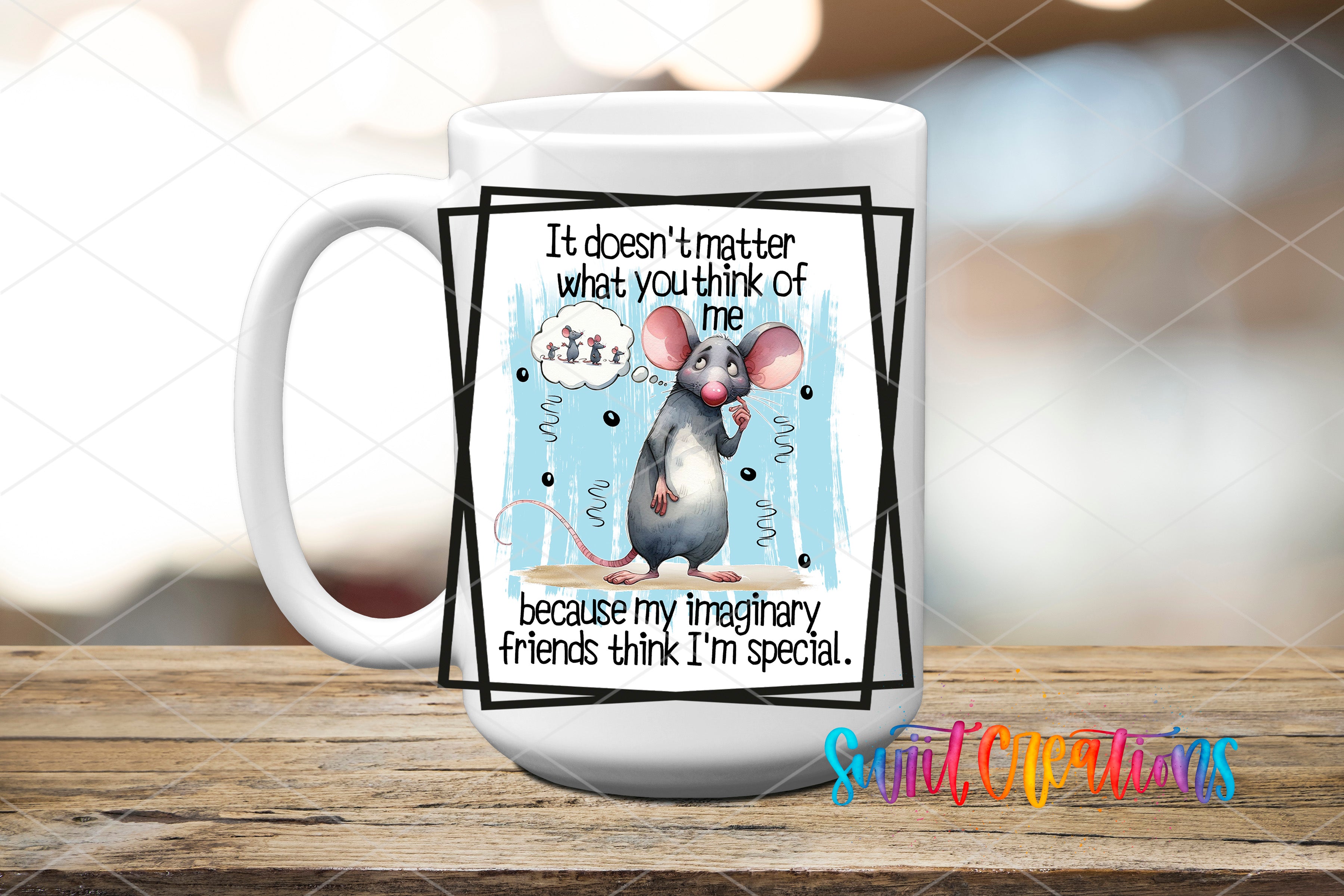 Swiit Creations UV DTF Imaginary Friends Mouse transfer applied to a white ceramic mug