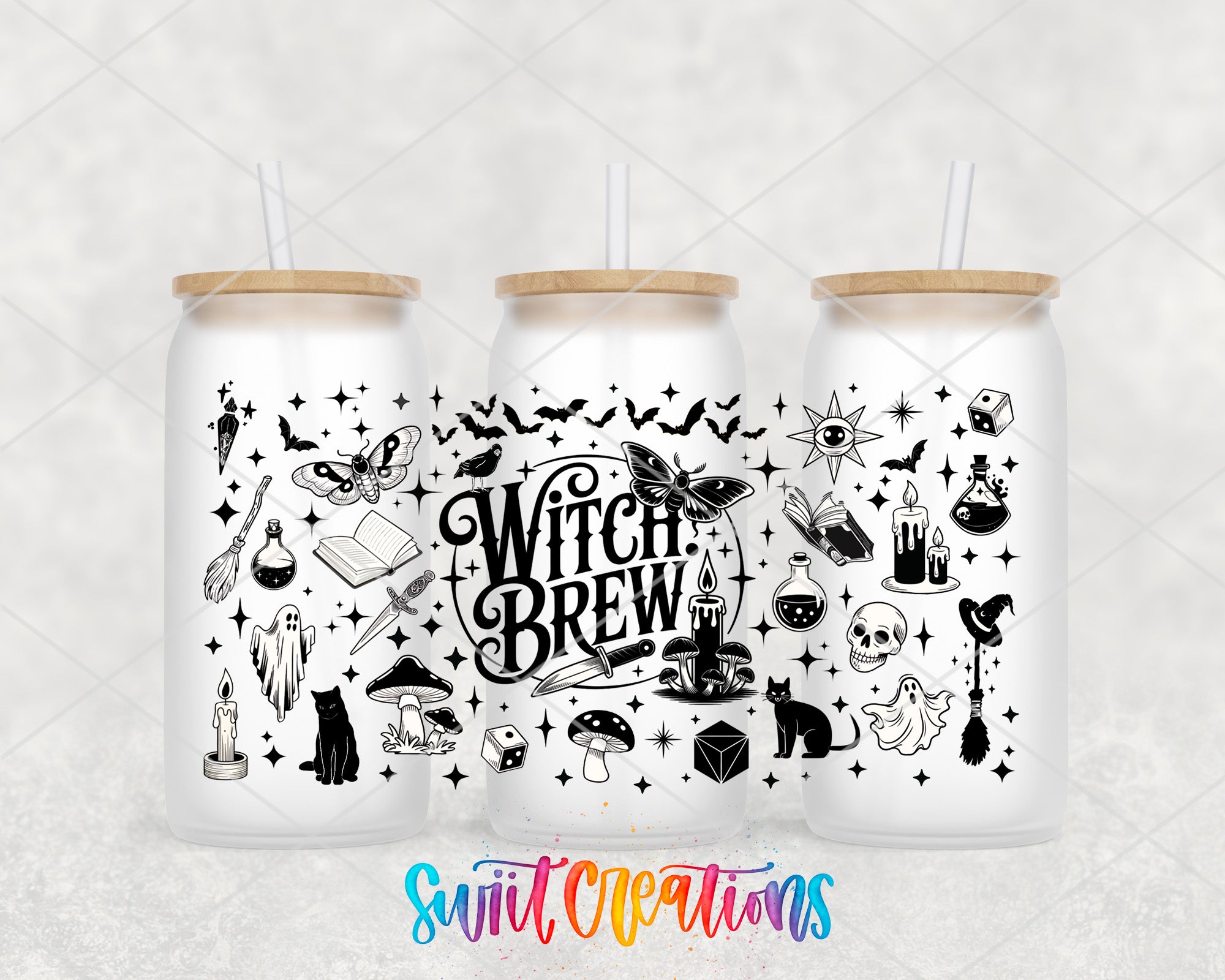 A triptych of white tumblers with black illustrations and text, including bats, mushrooms, skulls, and other Halloween-themed symbols.