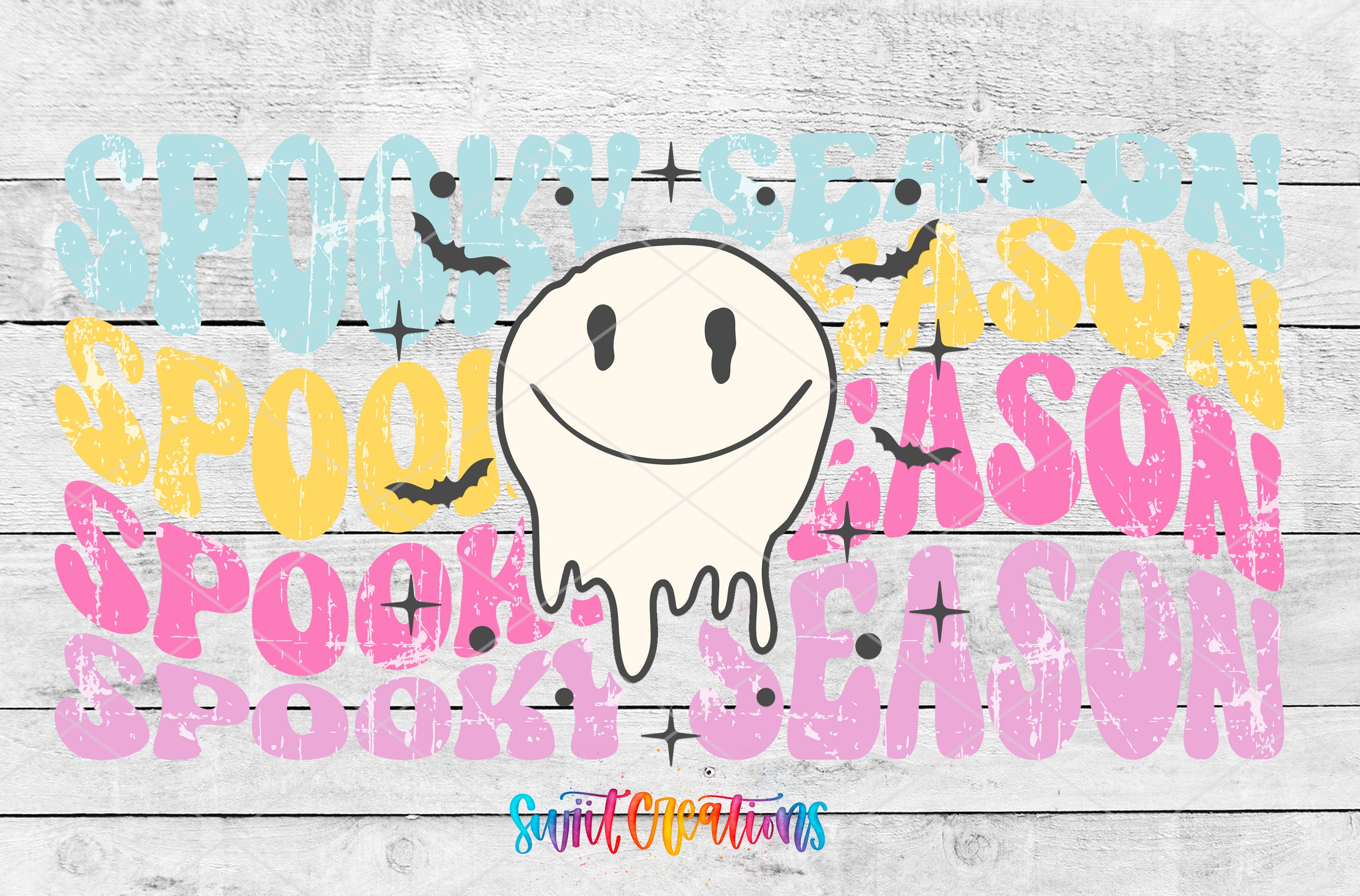 A cheerful ghost with a smiley face is surrounded by the text "SPOOKY SEASON" in various colors and fonts, creating a festive and whimsical Halloween-themed design.
