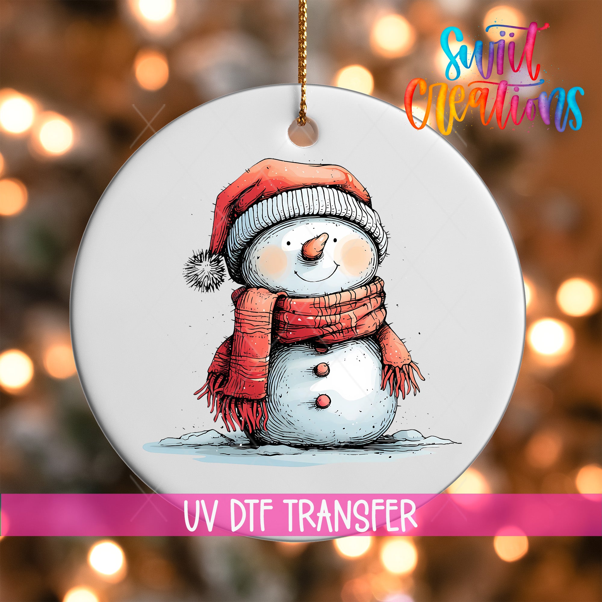 A snowman ornament with a red scarf and hat, standing on a snowy surface, is hanging against a background of colorful lights.