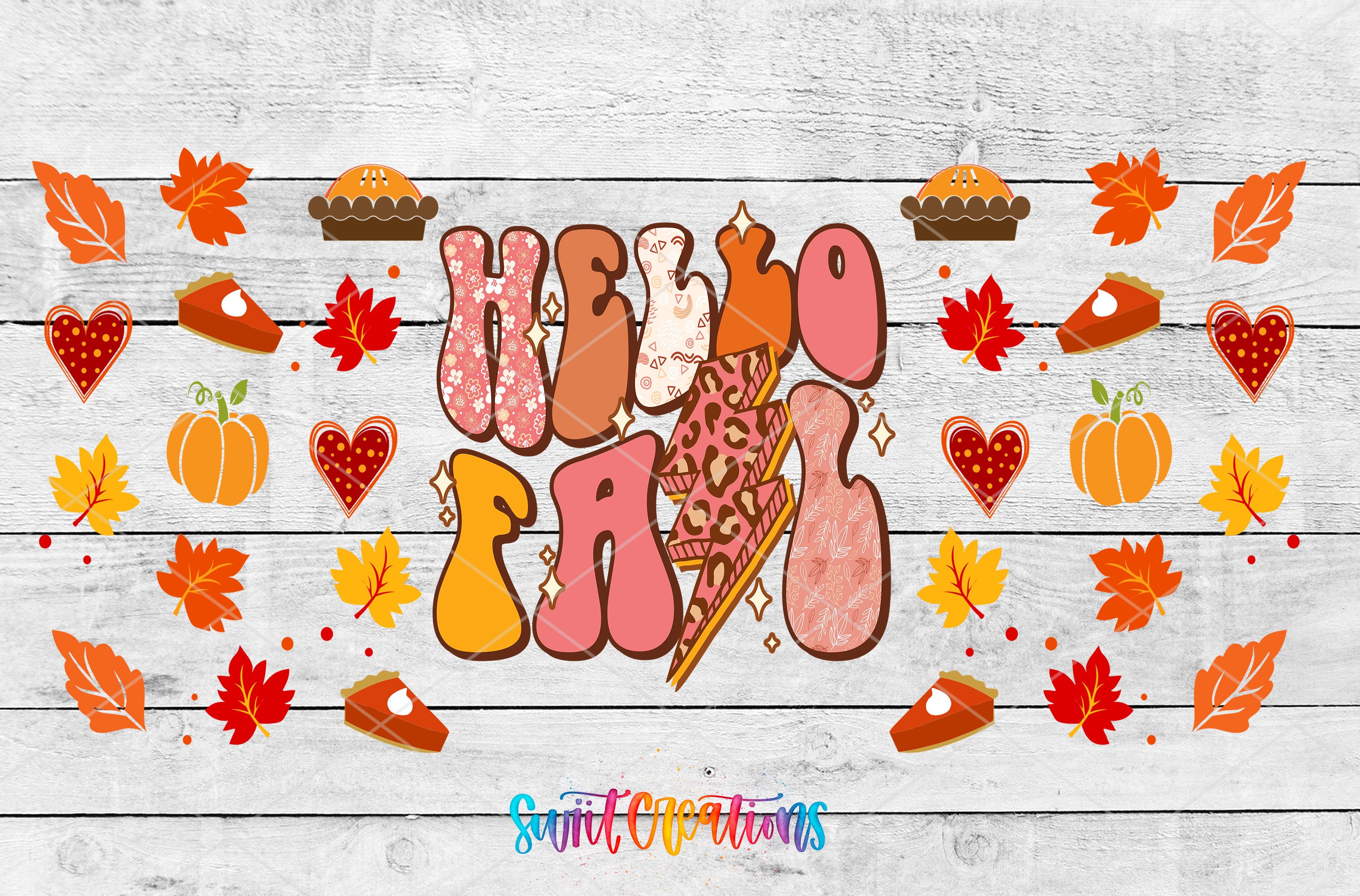 The image is a colorful and festive collage featuring the phrase "Hello Fall" surrounded by various fall-themed elements such as leaves, pumpkins, and pies.