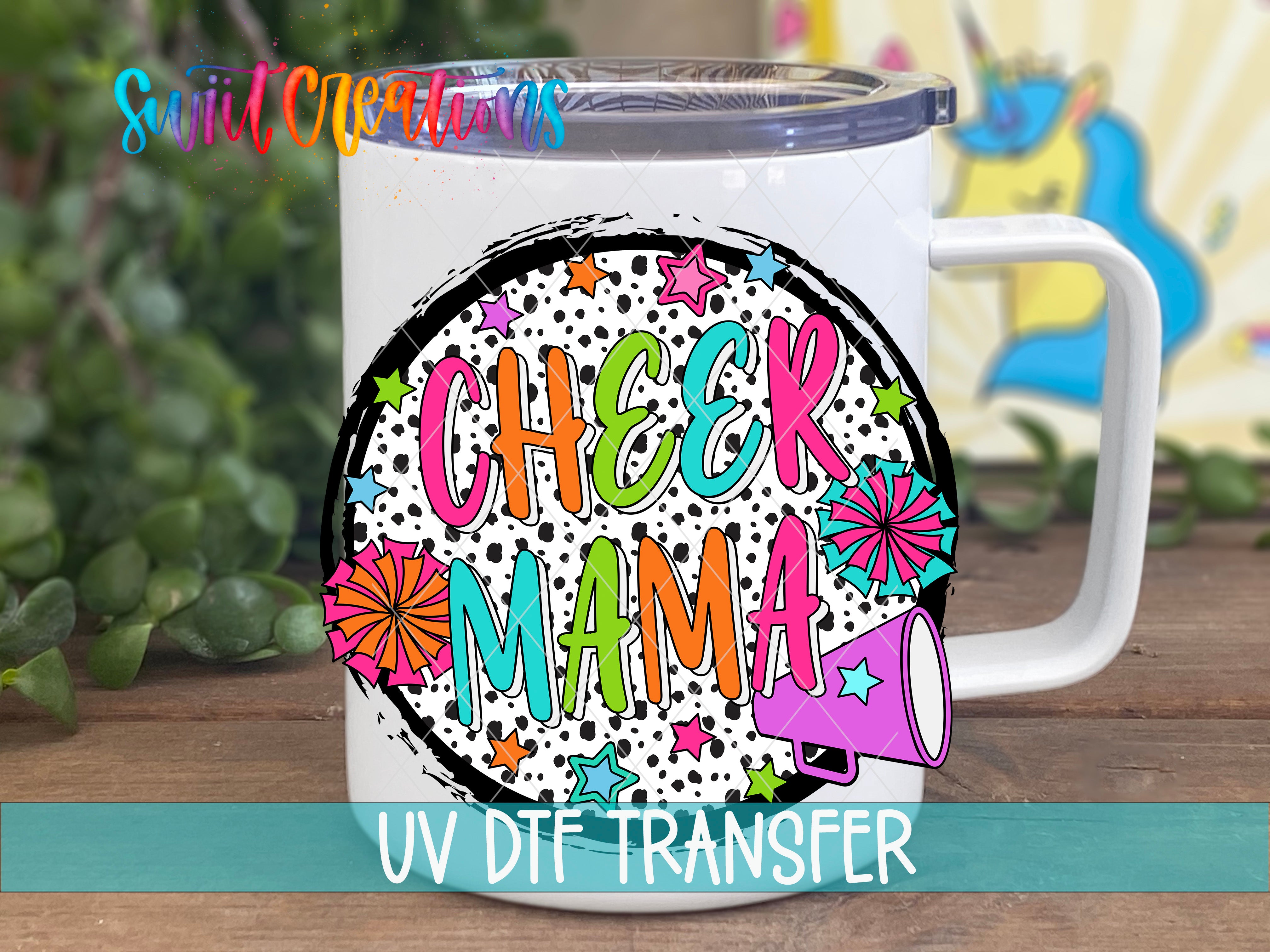 Swiit Creations UV DTF Colorful Proud Cheer Mama transfer displayed on a white coffee mug
